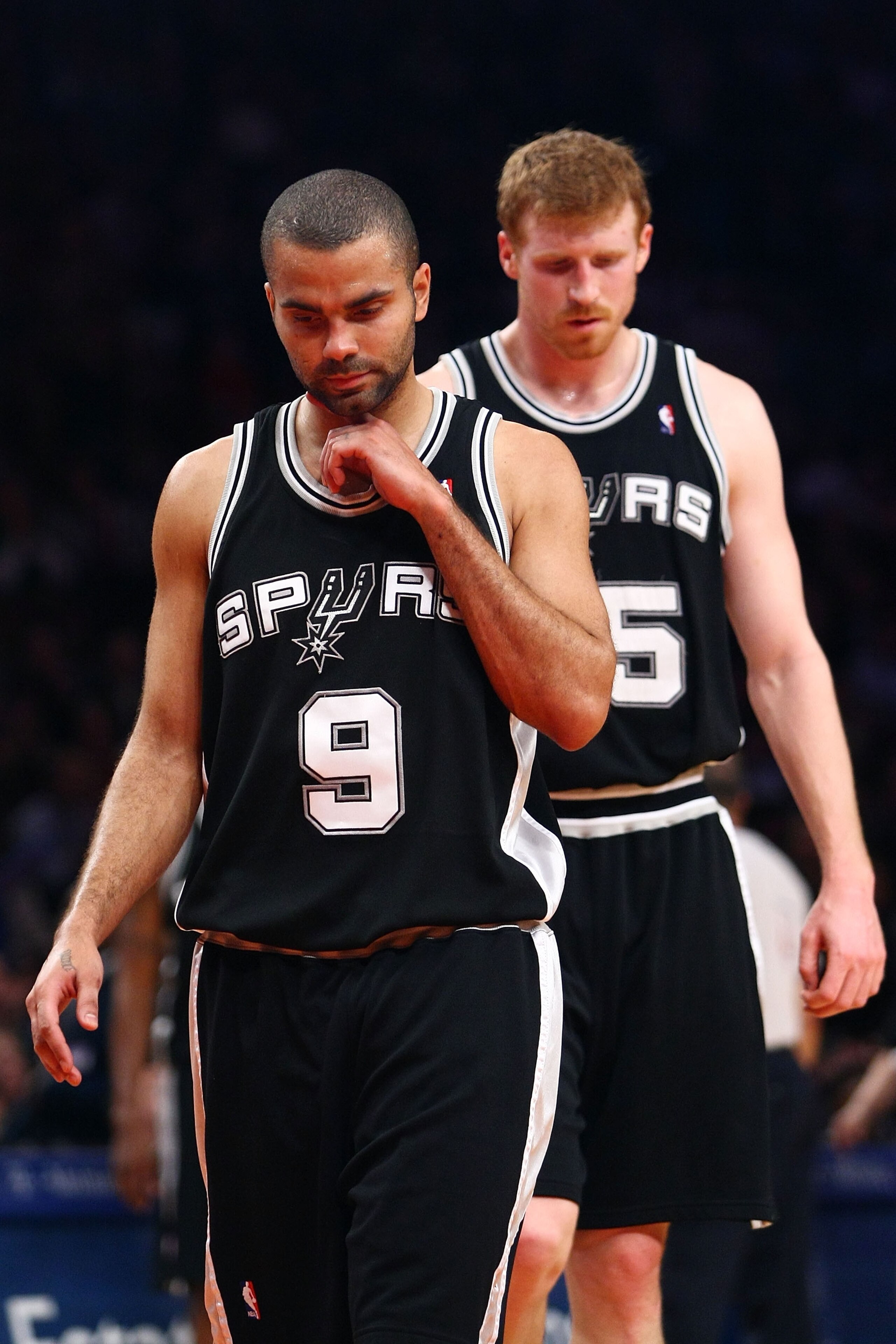 NEW YORK - FEBRUARY 17: Tony Parker #9 and Matt Bonner #15 of the San Antonio Spurs walk up the court against the New York Knicks at Madison Square Garden February 17, 2009 in New York City. NOTE TO USER: User expressly acknowledges and agrees that, by d NEW YORK - FEBRUARY 17: Tony Parker #9 and Matt Bonner #15 of the San Antonio Spurs walk up the court against the New York Knicks at Madison Square Garden February 17, 2009 in New York City. NOTE TO USER: User expressly acknowledges and agrees that, by d
