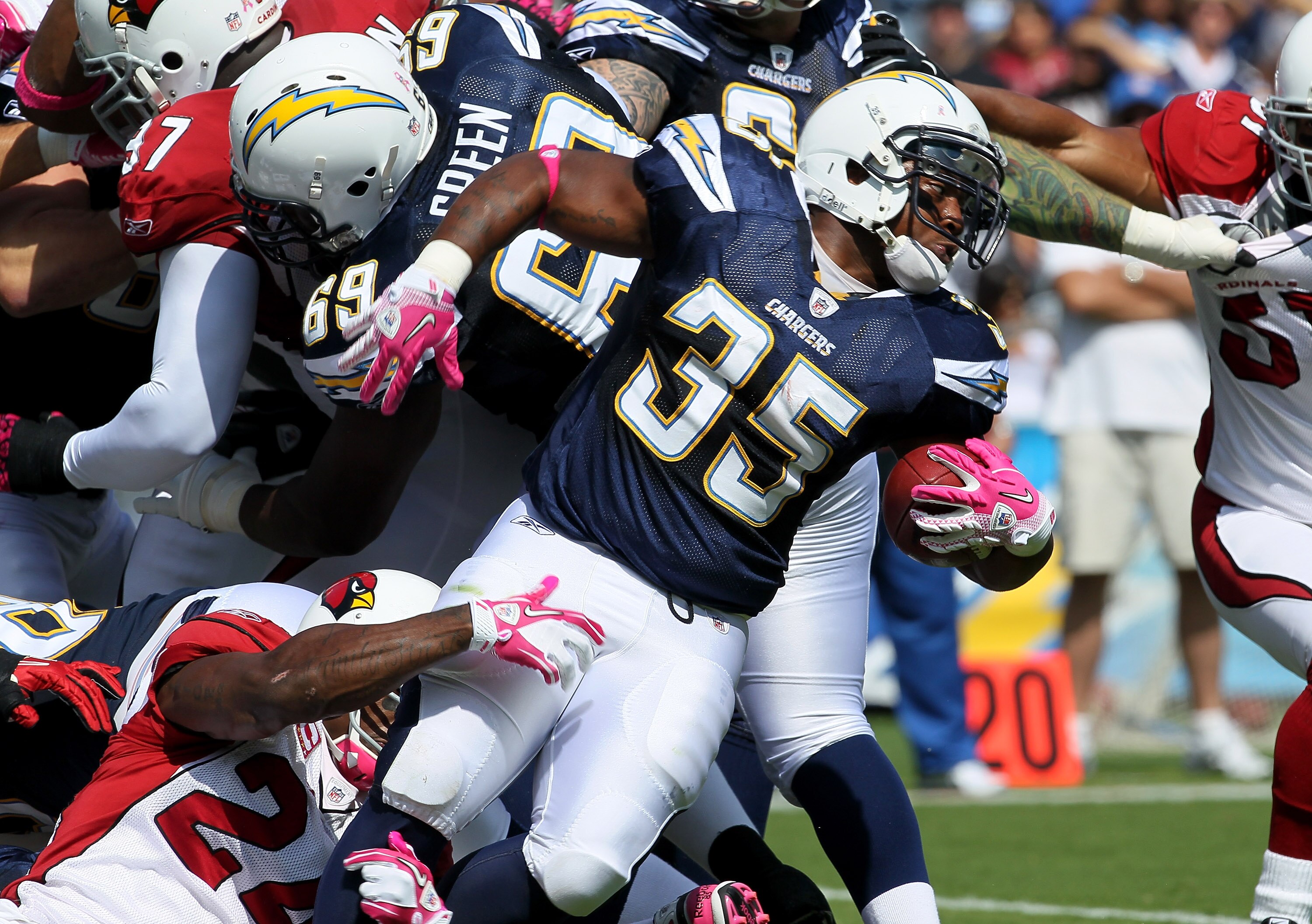 SAN DIEGO - OCTOBER 3:  Running back Mike Tolbert #35 of the San Diego Chargers carries the ball against the Arizona Cardinals at Qualcomm Stadium on October 3, 2010 in San Diego, California.   The Chargers won 41-10.  (Photo by Stephen Dunn/Getty Images)