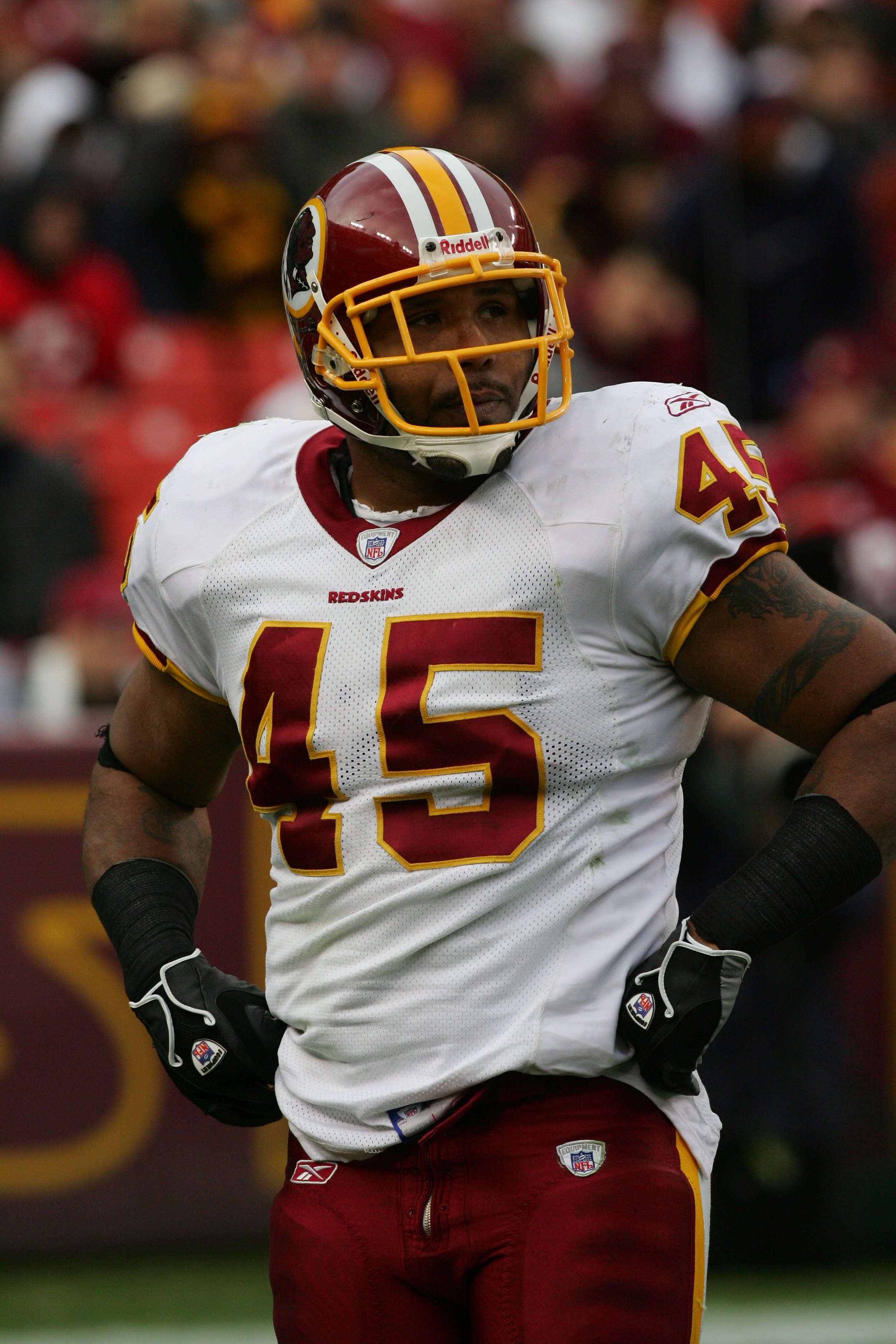 LANDOVER, MD - DECEMBER 3:  Fullback Mike Sellars #45 of the Washington Redskins looks on against the Atlanta Falcons on December 3, 2006 at FedExField in Landover, Maryland. The Falcons defeated the Redskins 24-14. (Photo by Jim McIsaac/Getty Images)