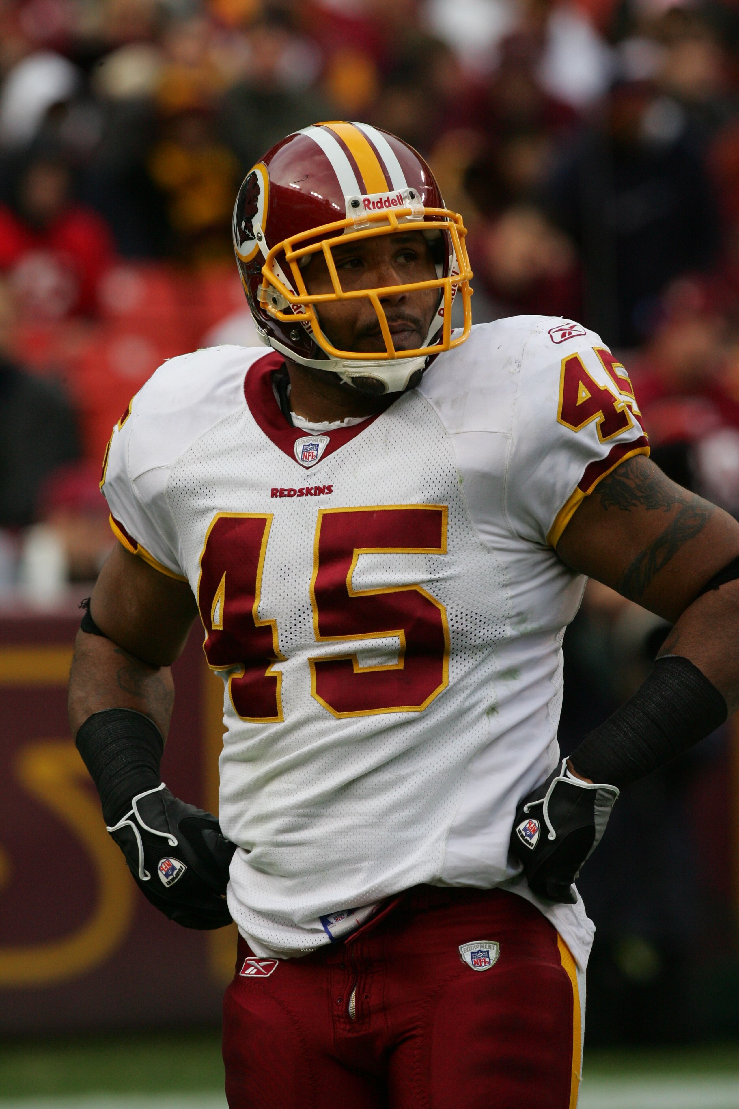 LANDOVER, MD - DECEMBER 3:  Fullback Mike Sellars #45 of the Washington Redskins looks on against the Atlanta Falcons on December 3, 2006 at FedExField in Landover, Maryland. The Falcons defeated the Redskins 24-14. (Photo by Jim McIsaac/Getty Images)