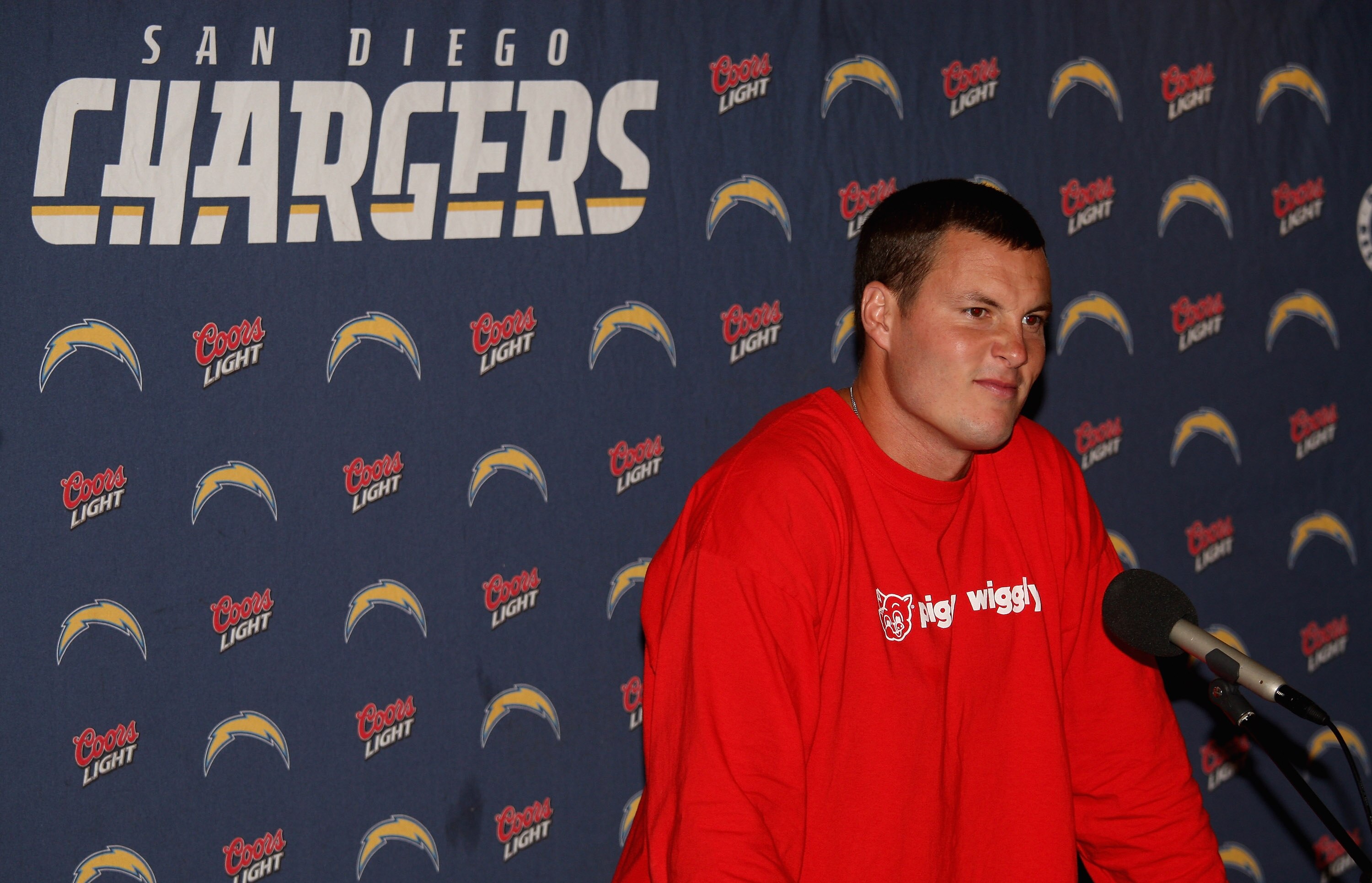 BAGSHOT, UNITED KINGDOM - OCTOBER 20:  Philip Rivers, quarterback of the San Diego Chargers addresses a press conference held at Pennyhill Park Country Club on October 20, 2008 in Bagshot, England.  (Photo by Warren Little/Getty Images)
