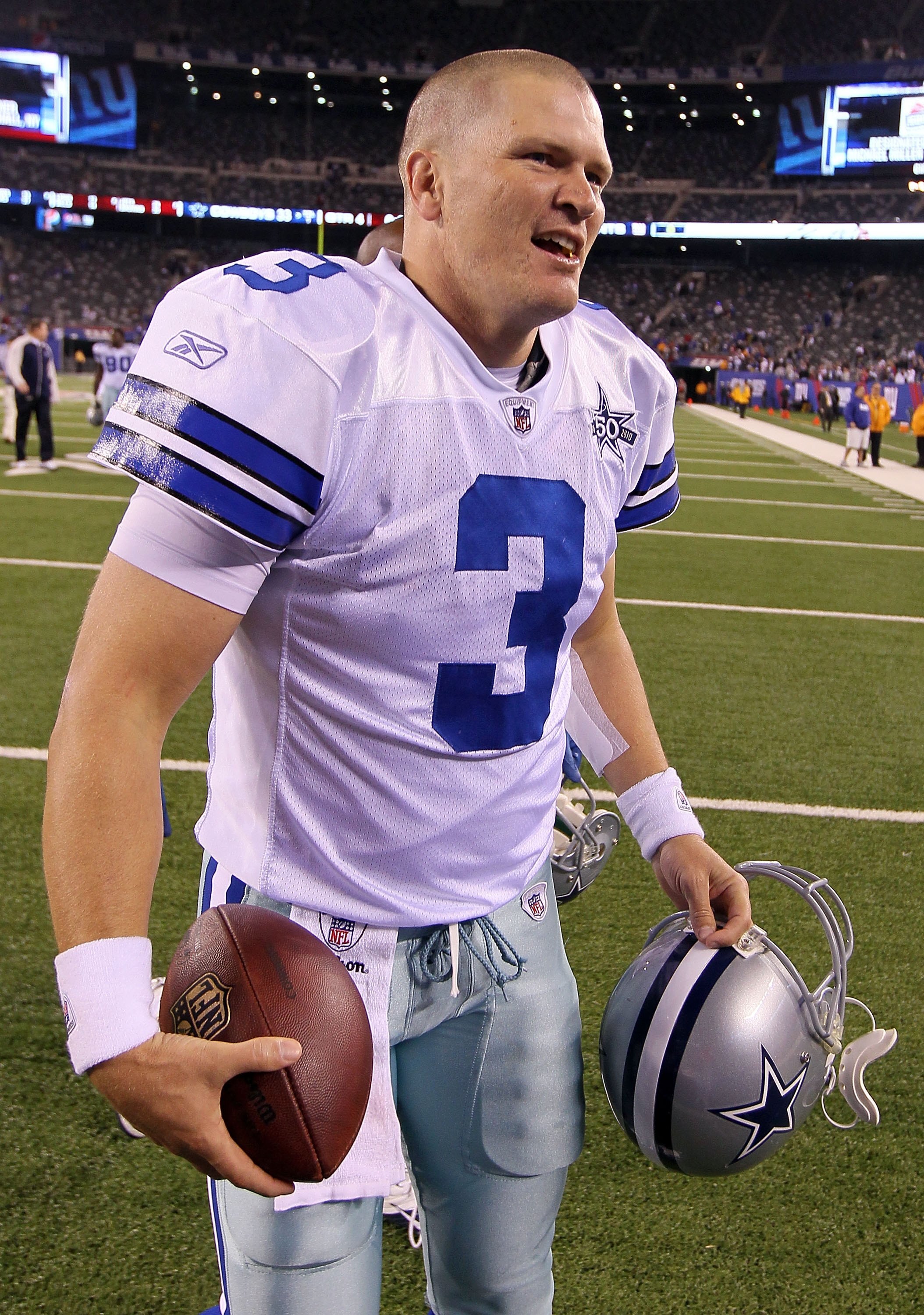 EAST RUTHERFORD, NJ - NOVEMBER 14:  Jon Kitna #3 of the Dallas Cowboys celebrates as he runs off the field after defeating the New York Giants on November 14, 2010 at the New Meadowlands Stadium in East Rutherford, New Jersey. The Cowboys defeated the Gia