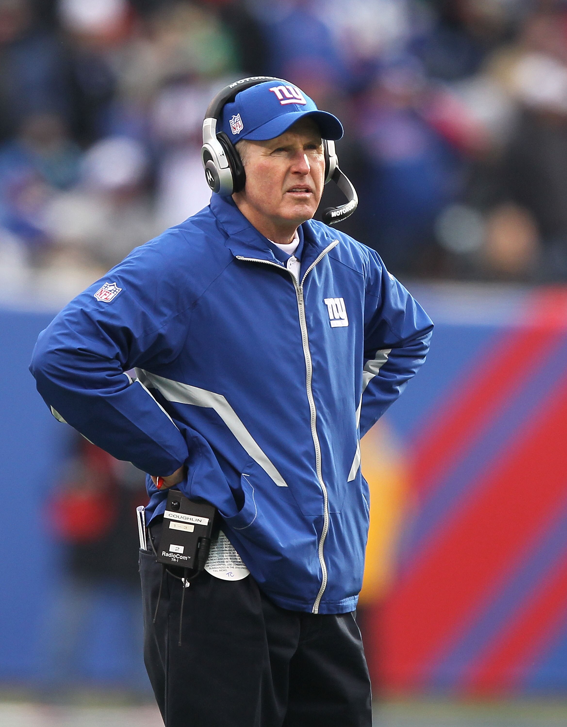 EAST RUTHERFORD, NJ - DECEMBER 19:  Tom Coughlin, Head Coach of the New York Giants looks on against the Philadelphia Eagles during their game on December 19, 2010 at The New Meadowlands Stadium in East Rutherford, New Jersey.  (Photo by Al Bello/Getty Im