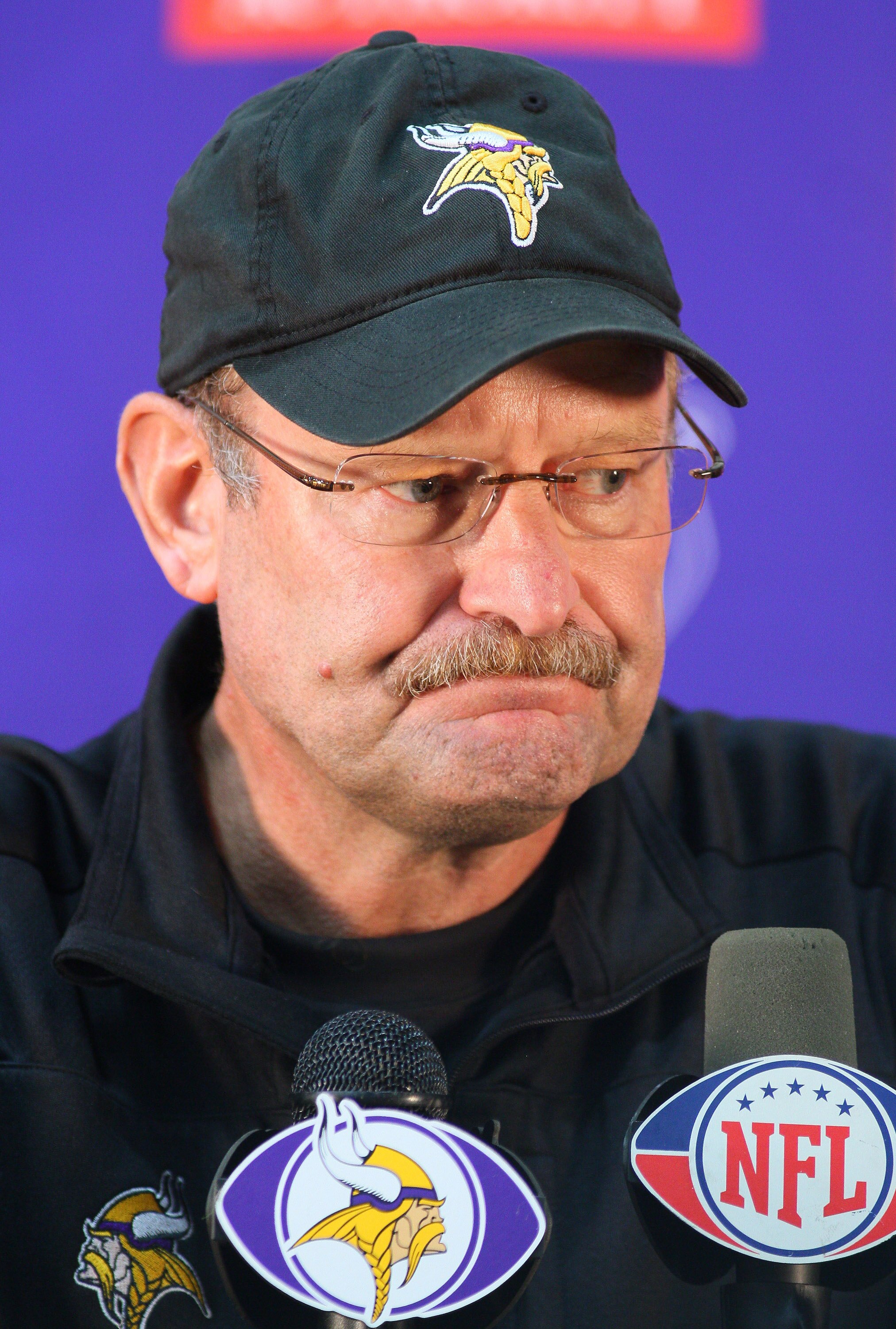 EDEN PRAIRIE, MN - OCTOBER 7:  Minnesota Vikings head coach Brad Childress answers questions from the media during a press conference at Winter Park on October 7, 2010 in Eden Prairie, Minnesota.  (Photo by Adam Bettcher/Getty Images)