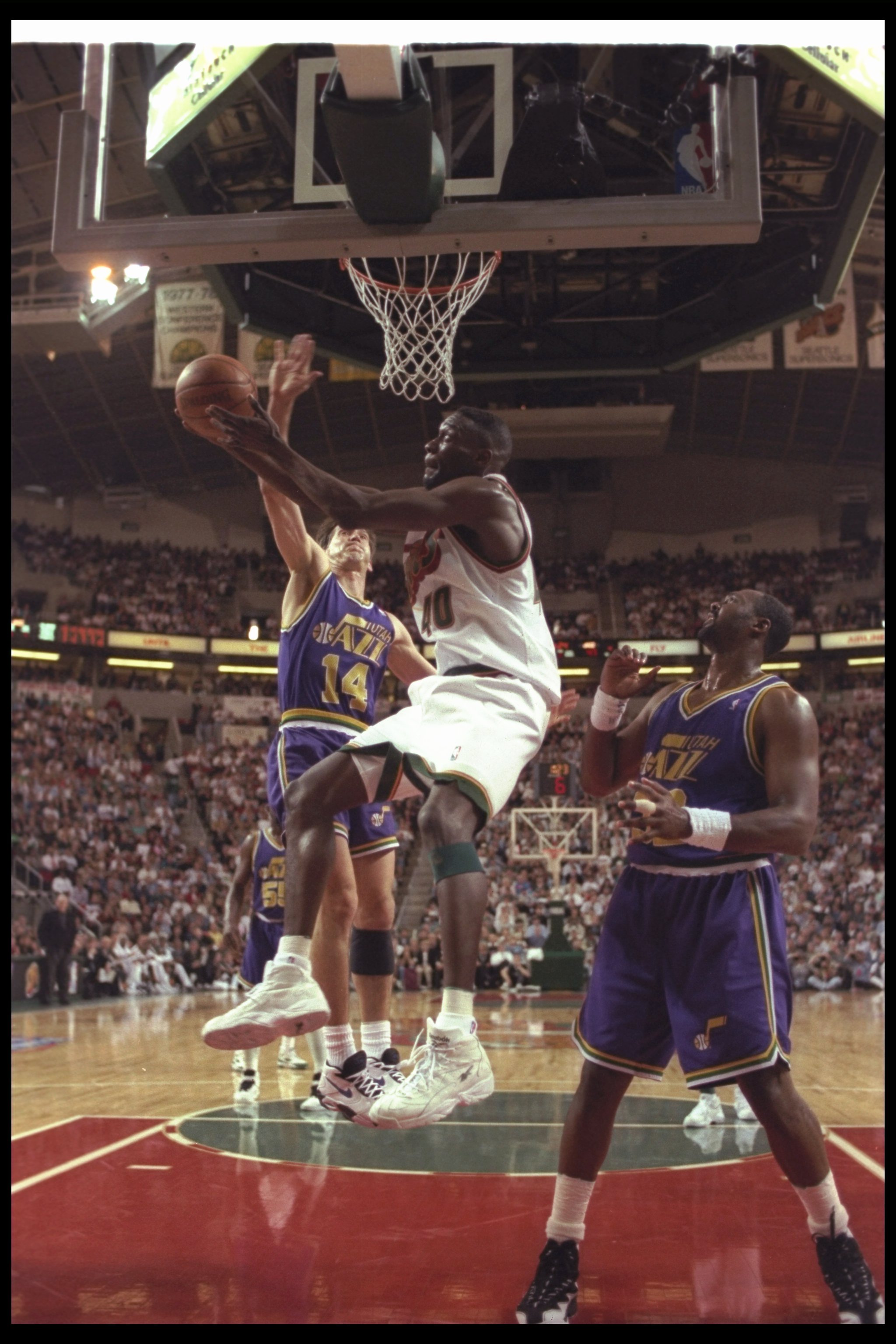 28 May 1996:  Forward Shawn Kemp of the Seattle SuperSonics goes up for two during a game against the Utah Jazz at the Key Arena in Seattle, Washington.  The Jazz won the game, 98-95. Mandatory Credit: Otto Greule  /Allsport Mandatory Credit: Otto Greule