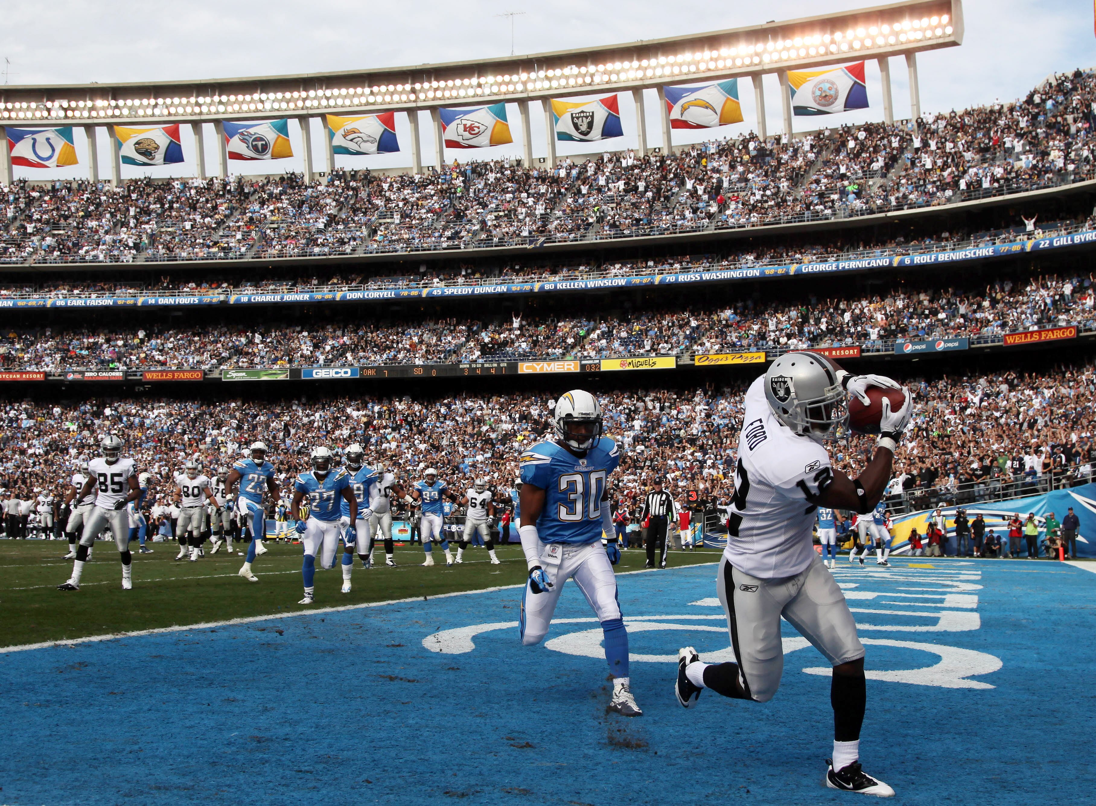 SAN DIEGO, CA - DECEMBER 5:  Wide Receiver Jacoby Ford #12 of the Oakland Raiders catches a touchdown catch in front of Donald Strickland #30 of the San Diego Chargers a during their NFL game at Qualcomm Stadium on December 5, 2010 in San Diego, Californi