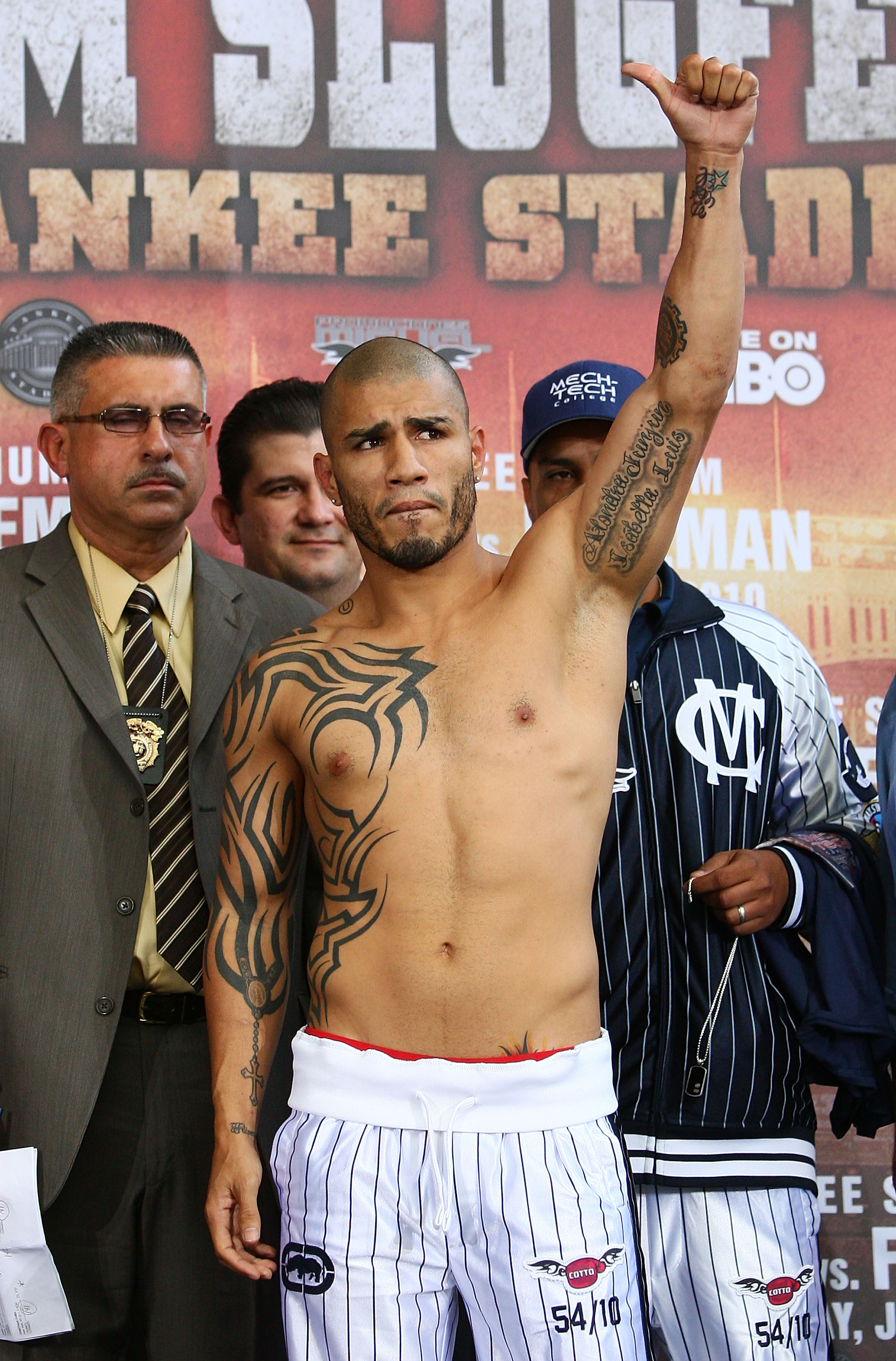 NEW YORK - JUNE 04:  Miguel Cotto waves to the crowd prior to the weigh-in  on June 4, 2010 at Yankee Stadium in the Bronx borough of New York City. Cotto and Foreman will fight for the WBA light middleweight title at Yankee Stadium on June 5, 2010. (Phot