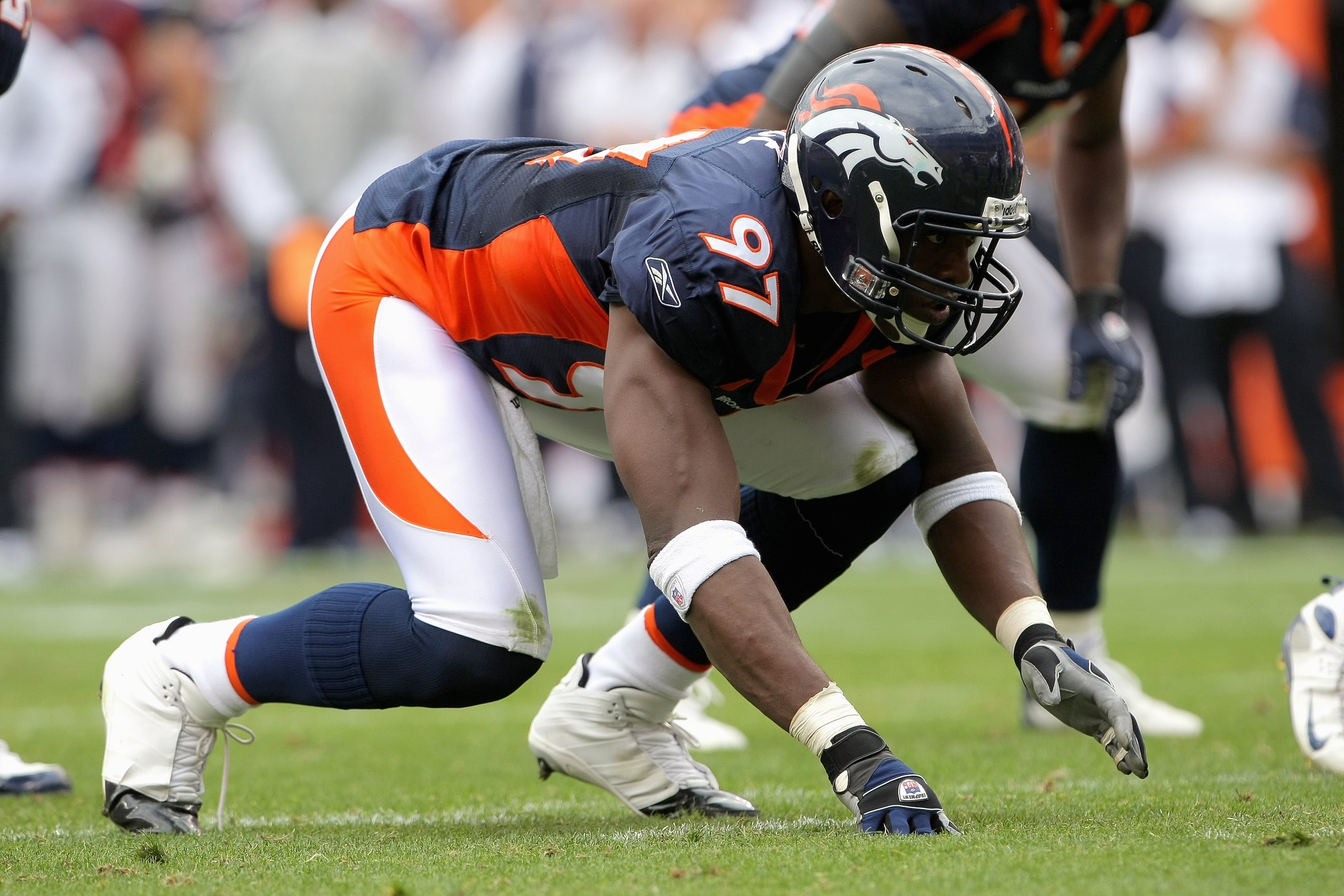 DENVER - SEPTEMBER 23:  Simeon Rice #97 of the Denver Broncos lines up for a play against the Jacksonville Jaguars at Invesco Field at Mile High on September 23, 2007 in Denver, Colorado. The Jaguars won 23-14. (Photo by Doug Pensinger/Getty Images)