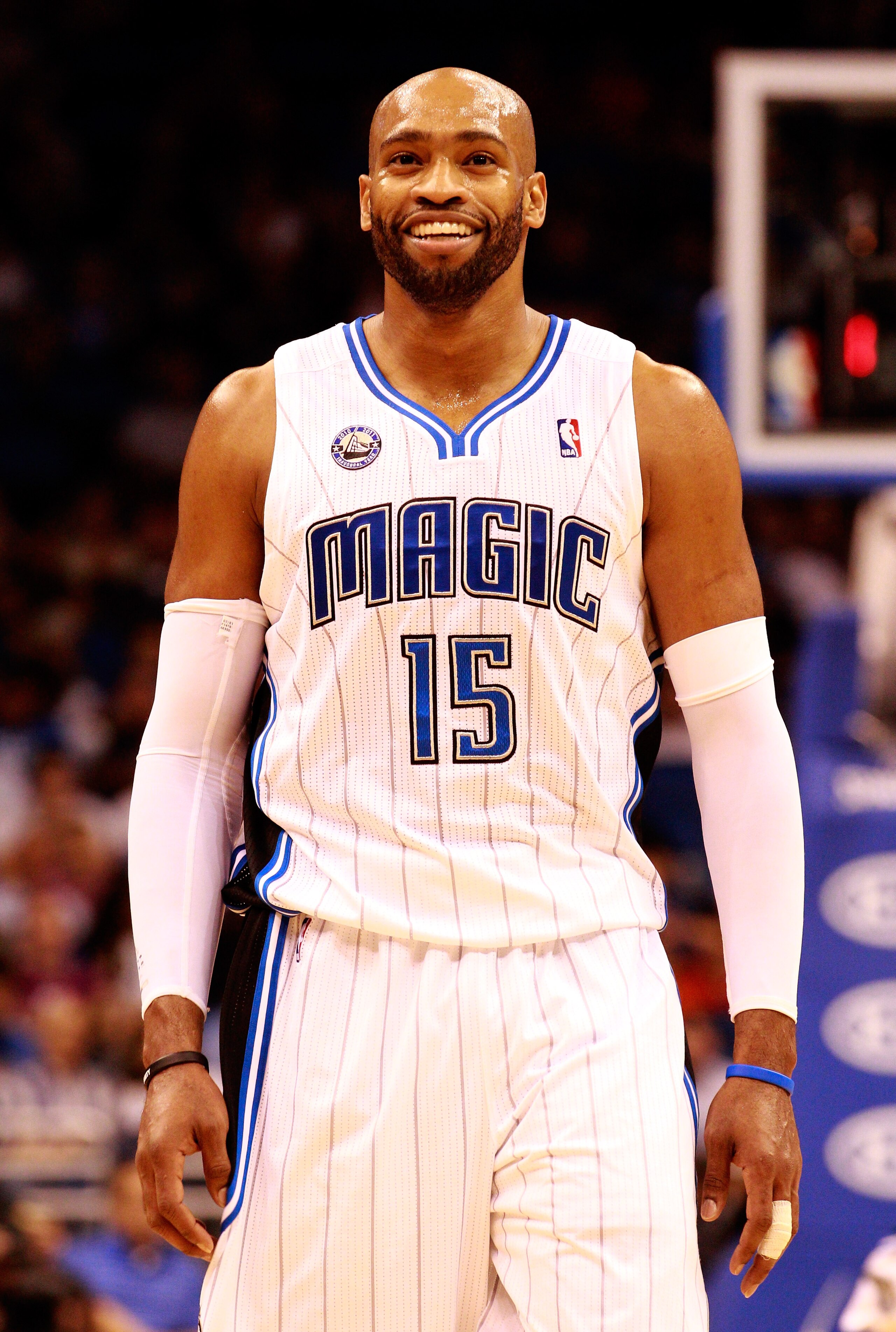 ORLANDO, FL - NOVEMBER 03:  Vince Carter #15 of the Orlando Magic smiles during the game against the Minnesota Timberwolves at Amway Arena on November 3, 2010 in Orlando, Florida.  NOTE TO USER: User expressly acknowledges and agrees that, by downloading 
