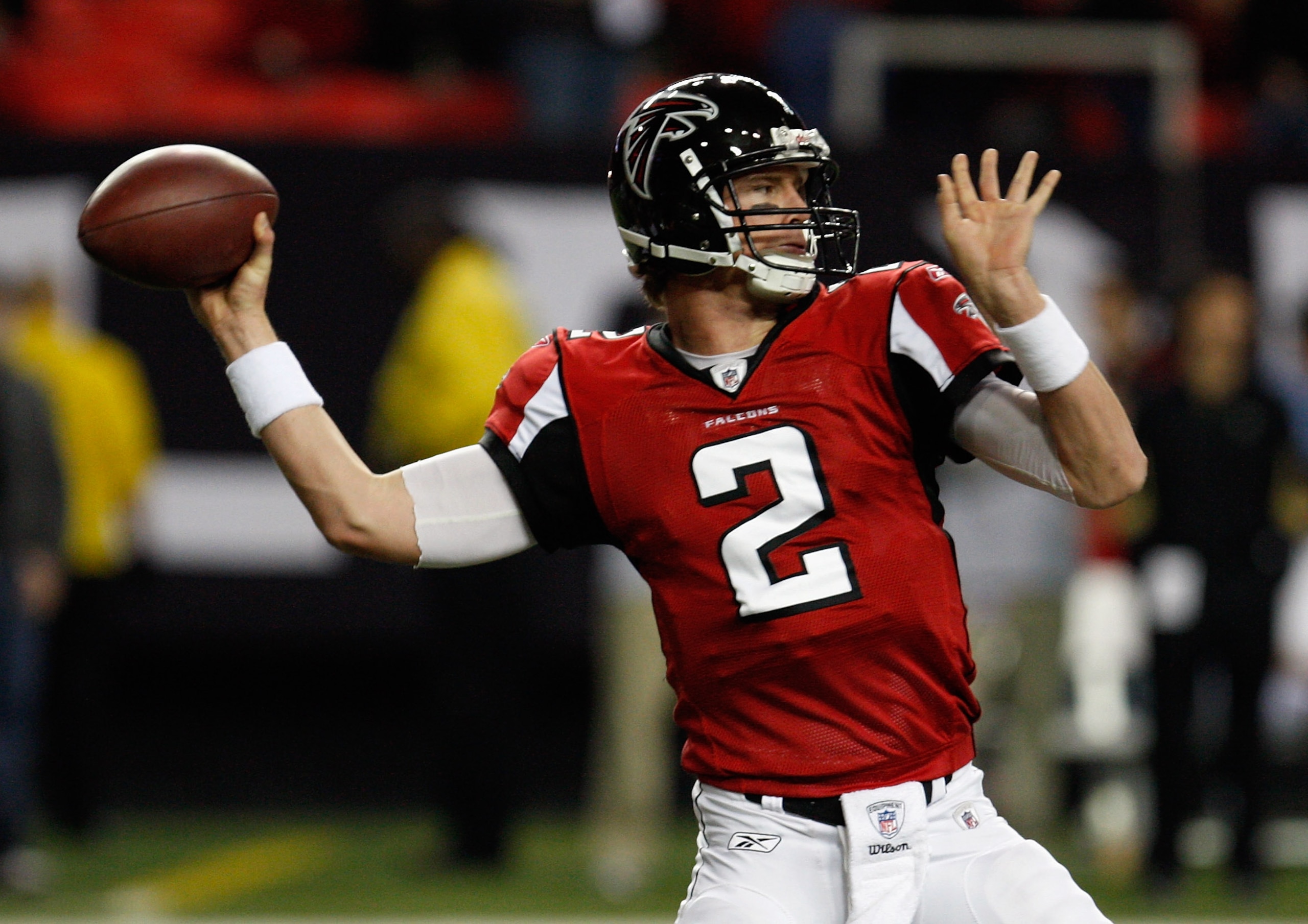 ATLANTA, GA - DECEMBER 27:  Quarterback Matt Ryan #2 of the Atlanta Falcons throws a pass during warm-ups prior to the start of the game against the New Orleans Saints at the Georgia Dome on December 27, 2010 in Atlanta, Georgia.  (Photo by Scott Halleran