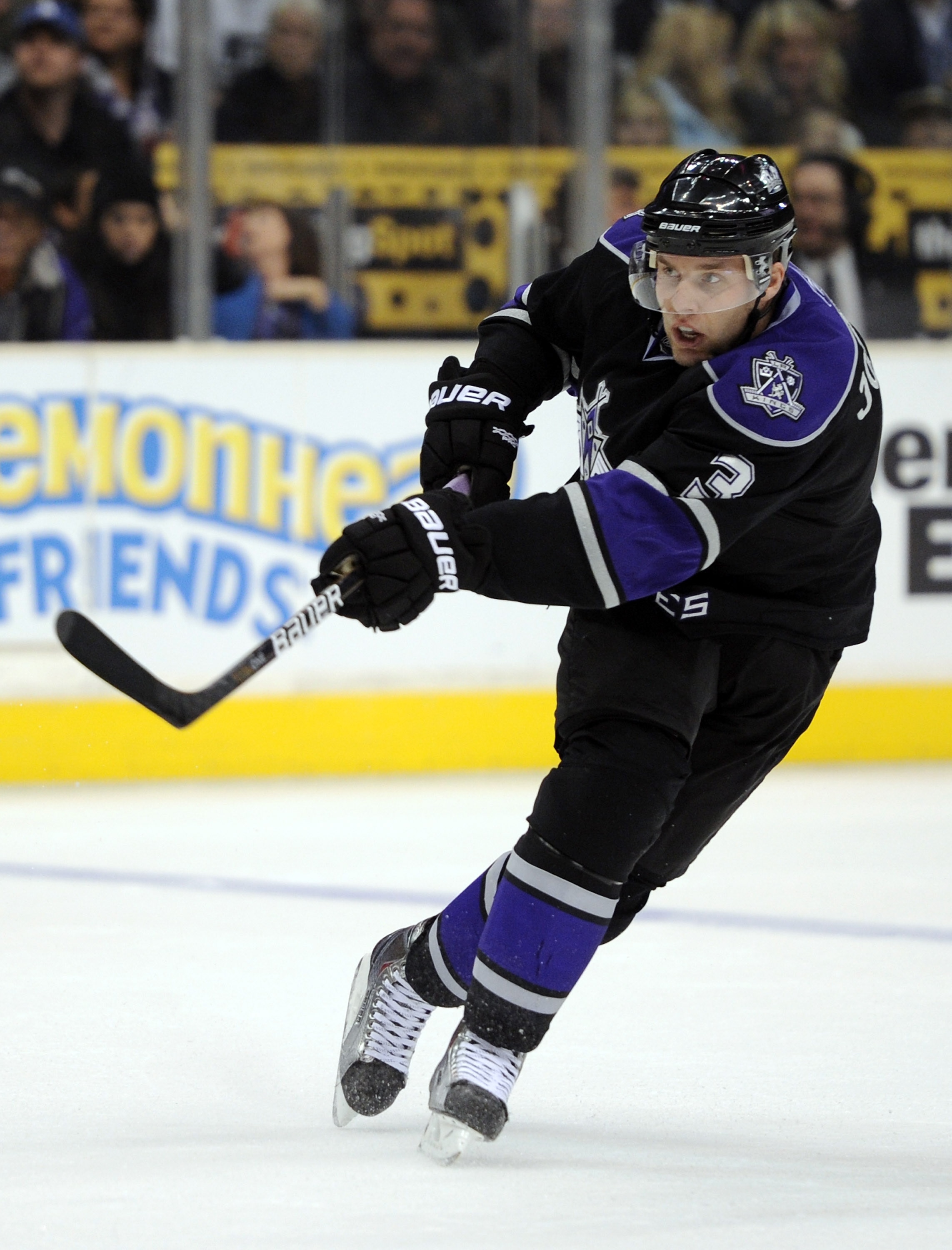 LOS ANGELES, CA - DECEMBER 11:  Jack Johnson #3 of the Los Angeles Kings takes a shot from the point against the Minnesota Wild during the game at the Staples Center on December 11, 2010 in Los Angeles, California.  (Photo by Harry How/Getty Images)