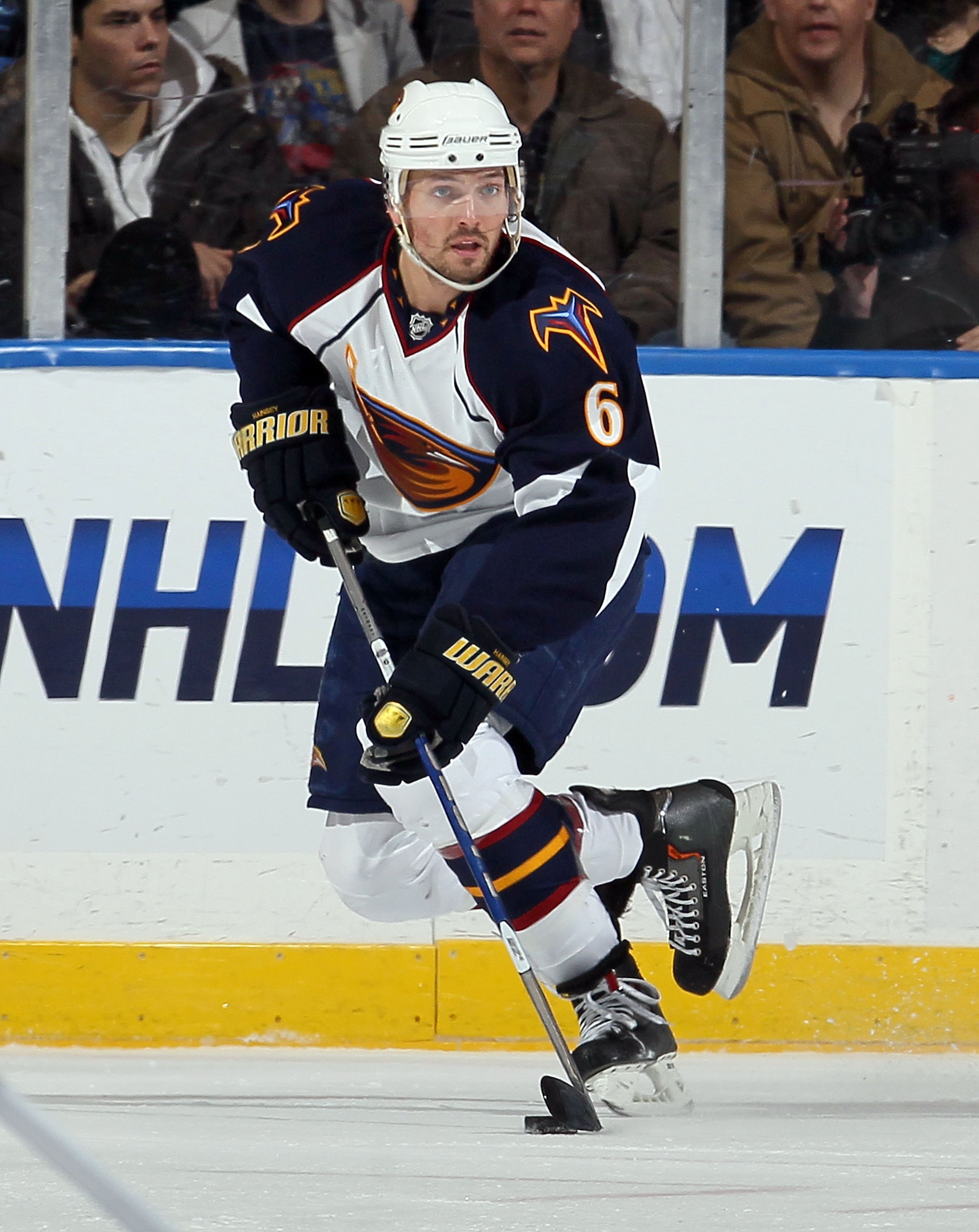 UNIONDALE, NY - DECEMBER 11:  Ron Hainsey #6 of the Atlanta Thrashers skates against the New York Islanders on December 11, 2010 at Nassau Coliseum in Uniondale, New York. The Thrashers defeated the Isles 5-4.  (Photo by Jim McIsaac/Getty Images)