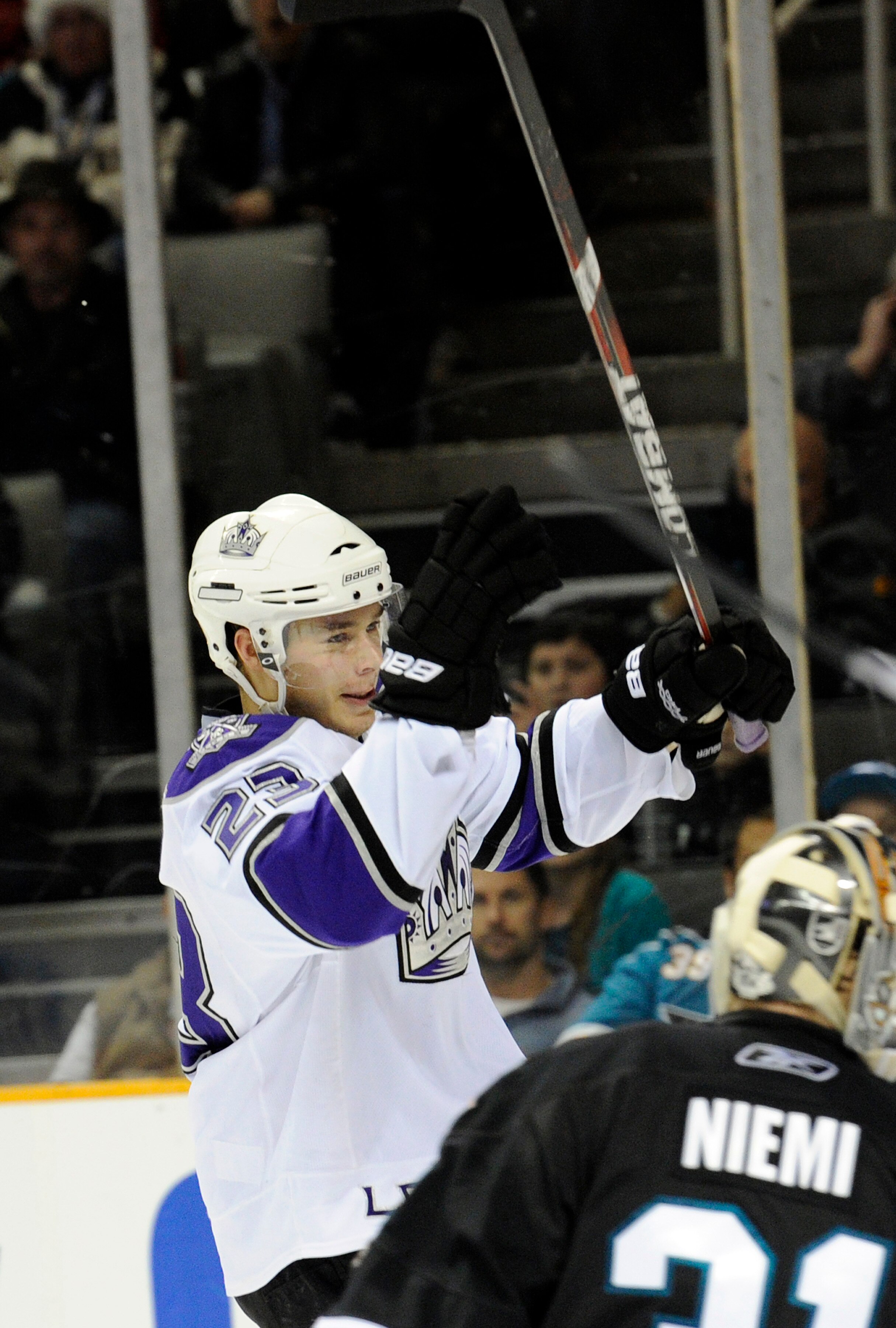SAN JOSE, CA - DECEMBER 27: Dustin Brown #23 of the Los Angeles Kings celebrates after scoring a goal against the San Jose Sharks during an NHL hockey game at the HP Pavilion on December 27, 2010 in San Jose, California. The Kings won the game 4-0. (Photo