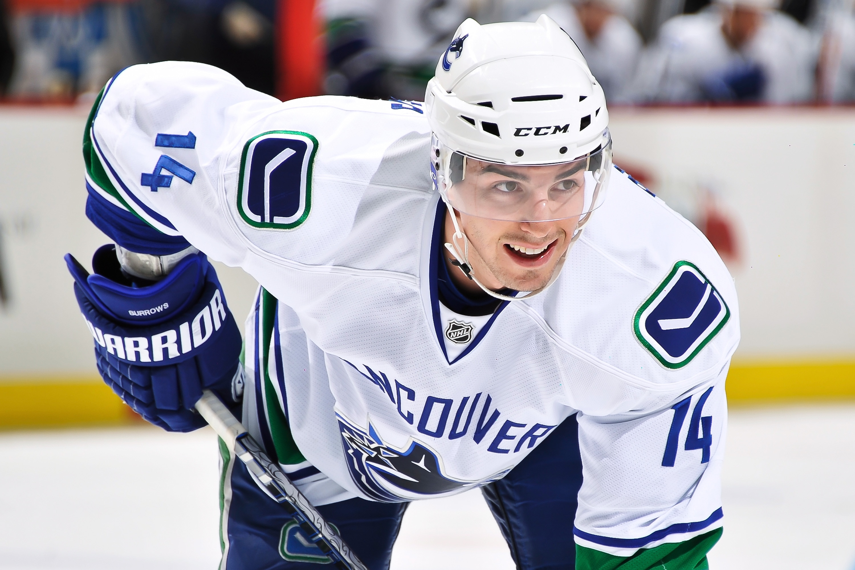 PITTSBURGH - NOVEMBER 17:  Alexandre Burrows #14 of the Vancouver Canucks waits for a face off against the Pittsburgh Penguins on November 17, 2010 at Consol Energy Center in Pittsburgh, Pennsylvania.  (Photo by Jamie Sabau/Getty Images)