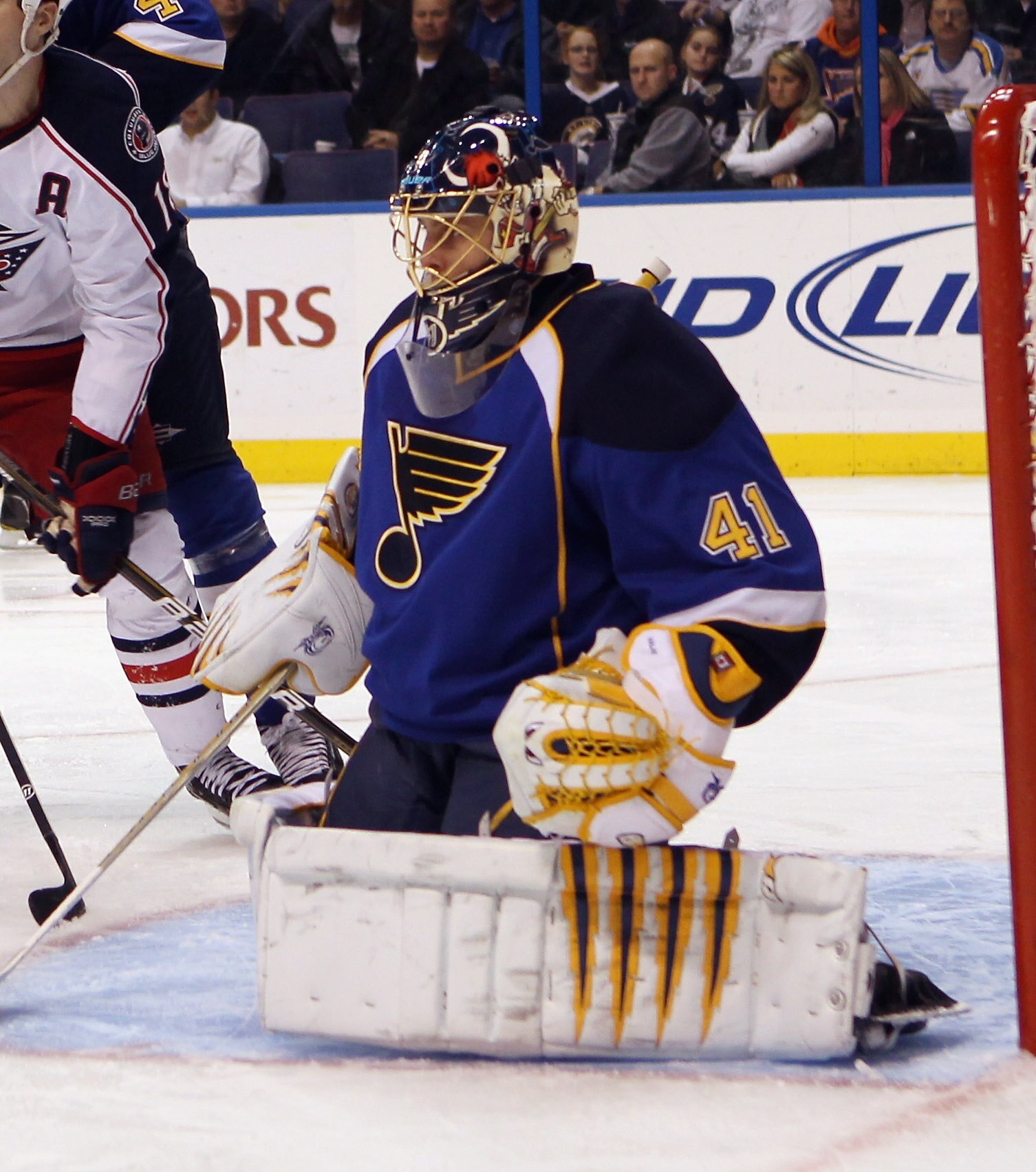 ST LOUIS, MO - DECEMBER 09:  Jaroslav Halak #41 of the St. Louis Blues tends net against the Columbus Blue Jackets at the Scottrade Center on December 9, 2010 in St Louis, Missouri.  (Photo by Bruce Bennett/Getty Images)