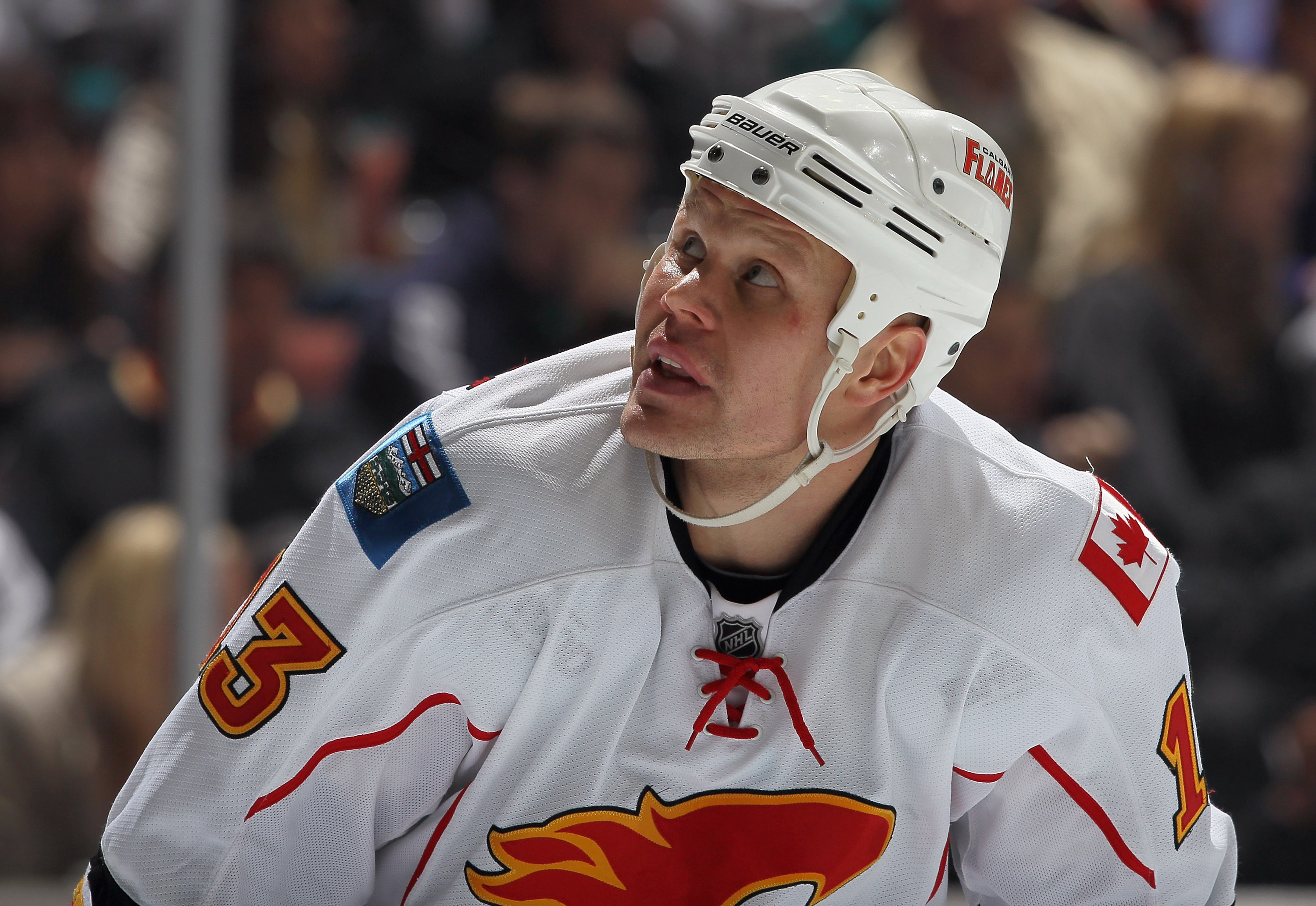 ANAHEIM, CA - DECEMBER 10:  Olli Jokinen #13 of the Calgary Flames looks on against the Anaheim Ducks at the Honda Center on December 10, 2010 in Anaheim, California.  (Photo by Jeff Gross/Getty Images)
