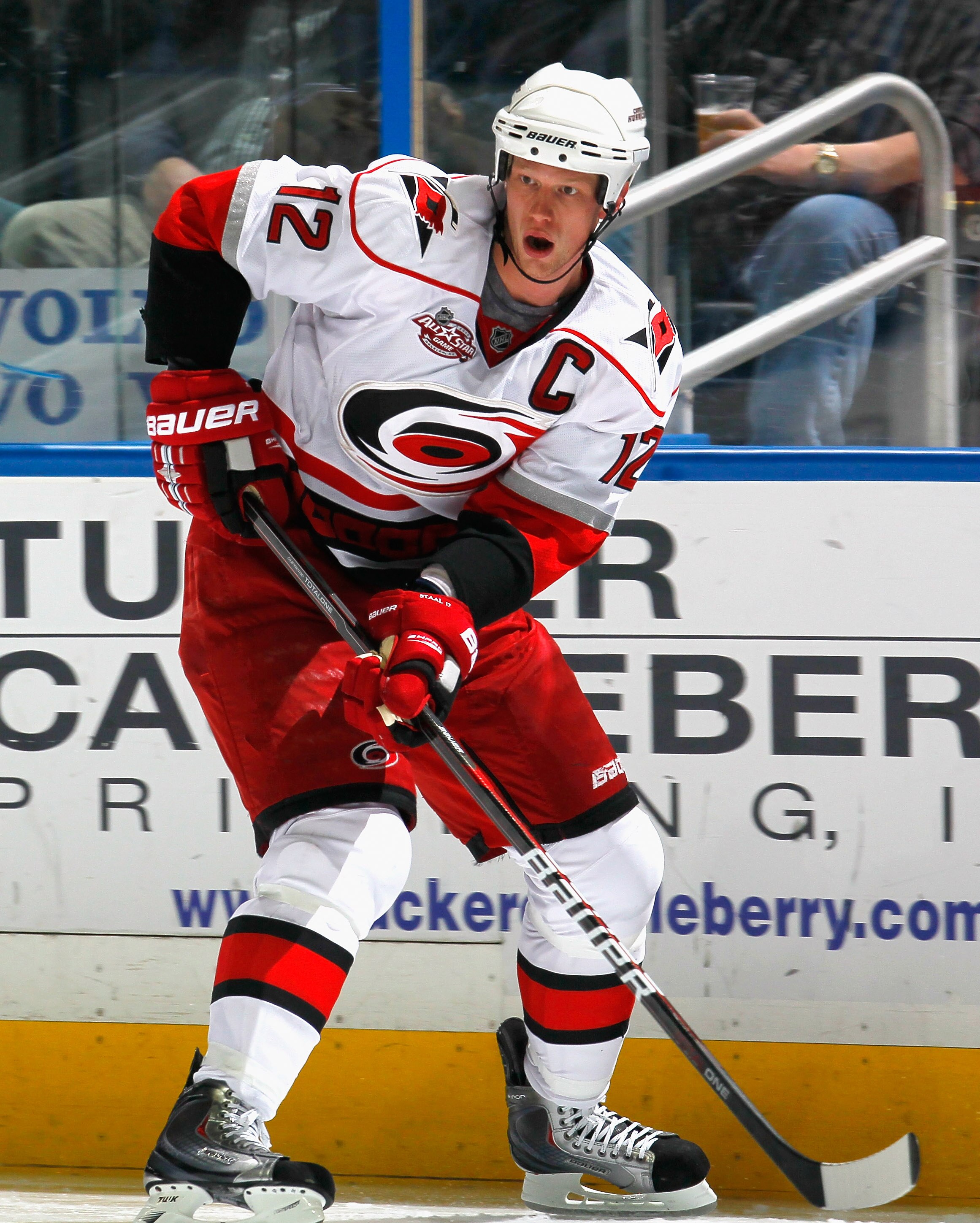 ATLANTA, GA - DECEMBER 16:  Eric Staal #12 of the Carolina Hurricanes waits for the puck against the Atlanta Thrashers at Philips Arena on December 16, 2010 in Atlanta, Georgia.  (Photo by Kevin C. Cox/Getty Images)