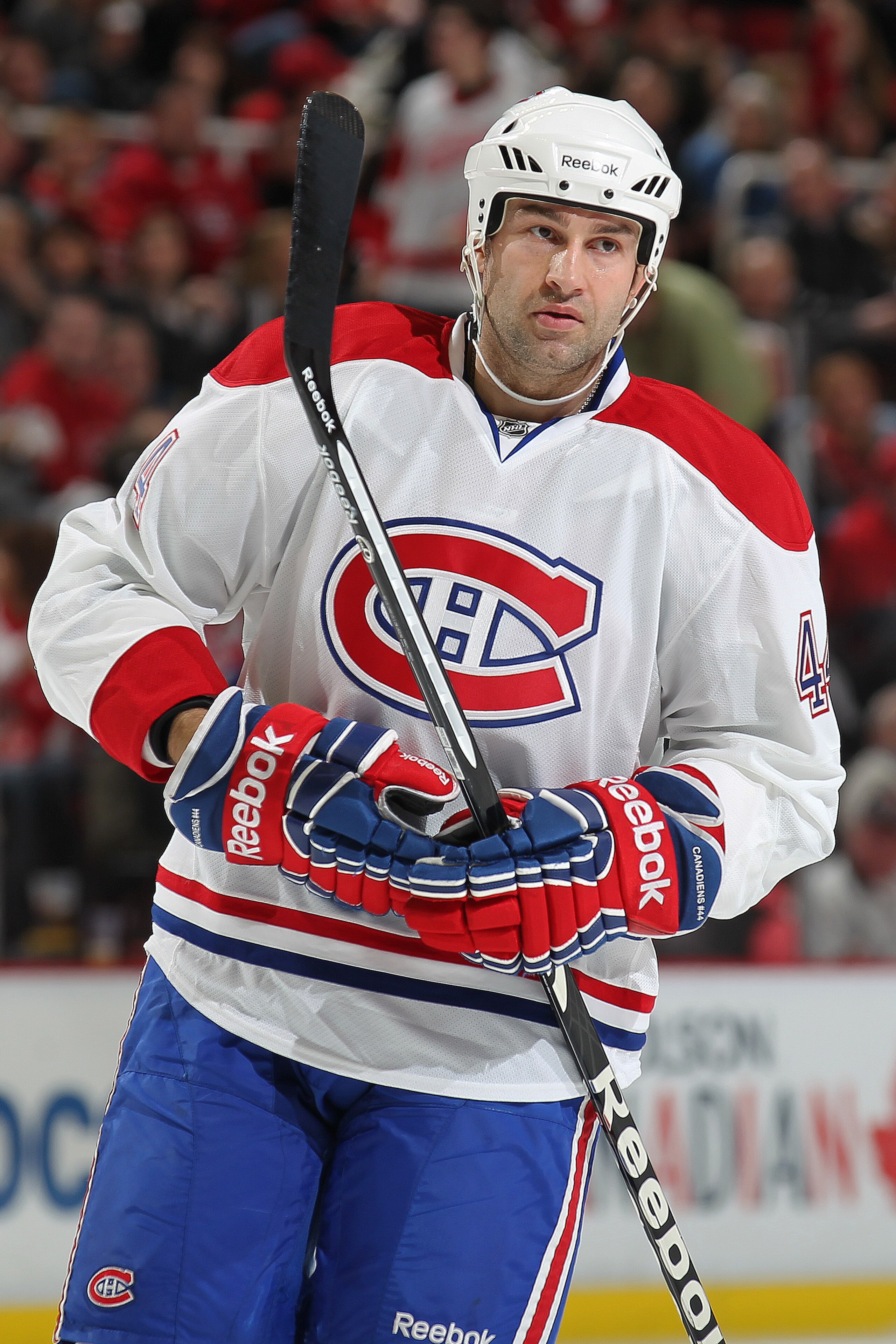 DETROIT,MI - DECEMBER 10:  Roman Hamrlik #44 of the Montreal Canadiens waits for a faceoff during the game against the Detroit Red Wings at the Joe Louis Arena on December 10, 2010  in Detroit, Michigan. The Wings defeated the Canadiens 4-2. (Photo by Cla