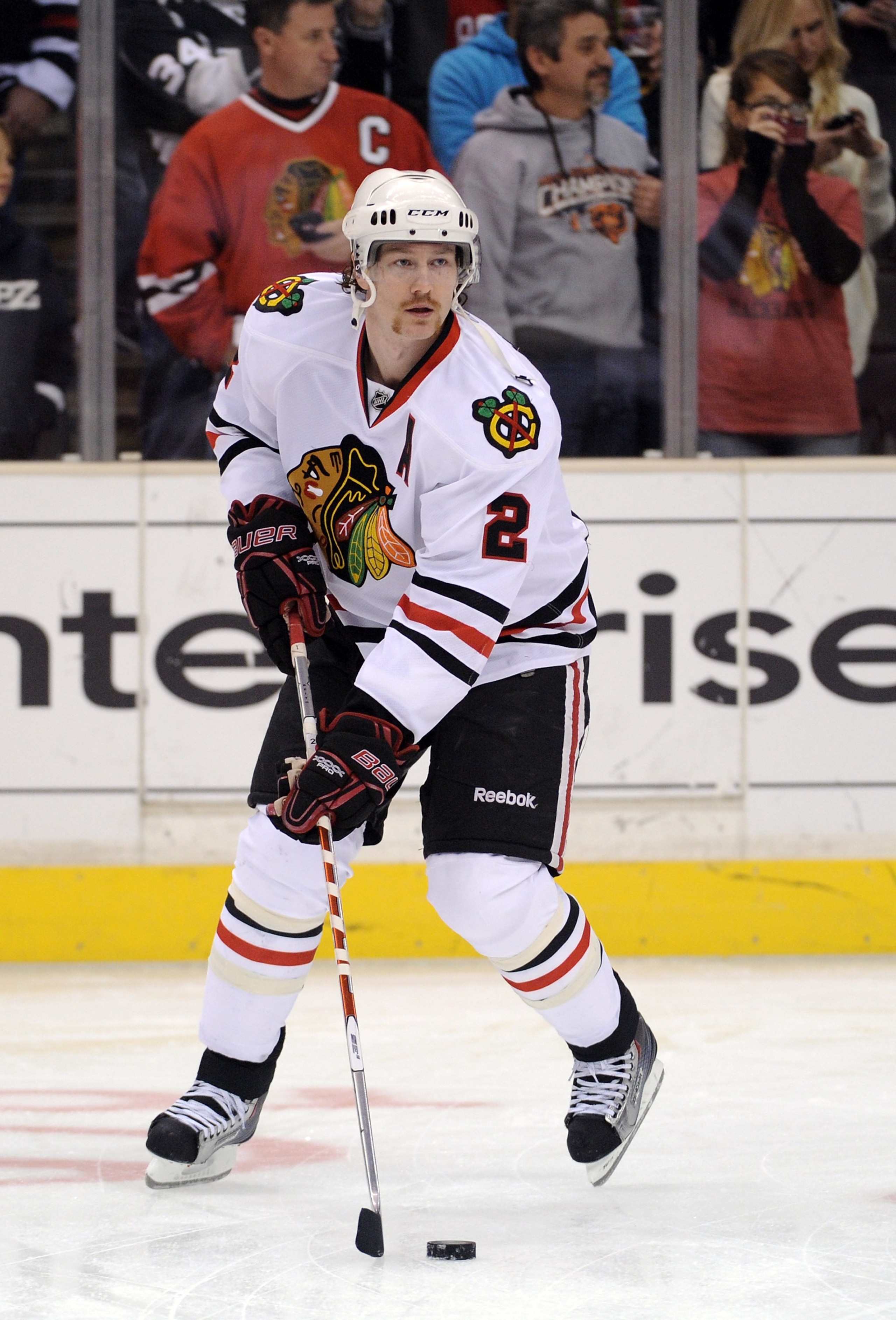 LOS ANGELES, CA - NOVEMBER 27:  Duncan Keith #2 of the Chicago Blackhawks warms up before the game against the Los Angeles Kings at Staples Center on November 27, 2010 in Los Angeles, California.  (Photo by Harry How/Getty Images)