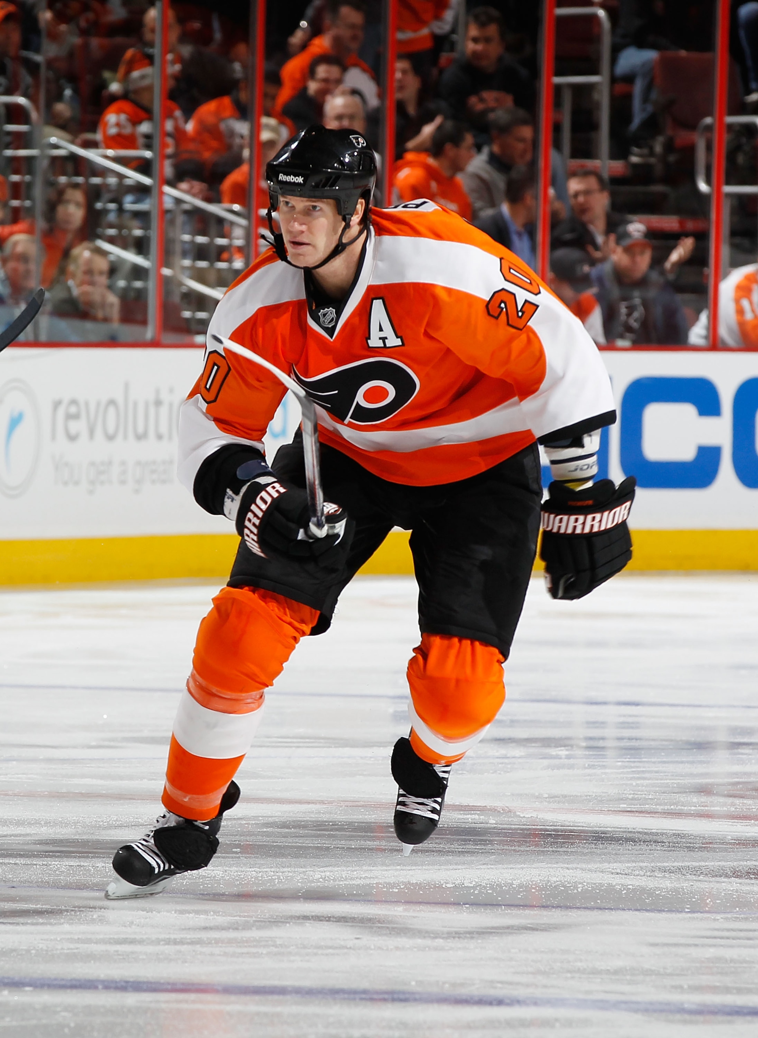PHILADELPHIA - DECEMBER 08:  Chris Pronger #20 of the Philadelphia Flyers skates against San Jose Sharks on December 8, 2010 at the Wells Fargo Center in Philadelphia, Pennsylvania. Sharks defeat the Flyers 5-4 in a shootout.  (Photo by Mike Stobe/Getty I