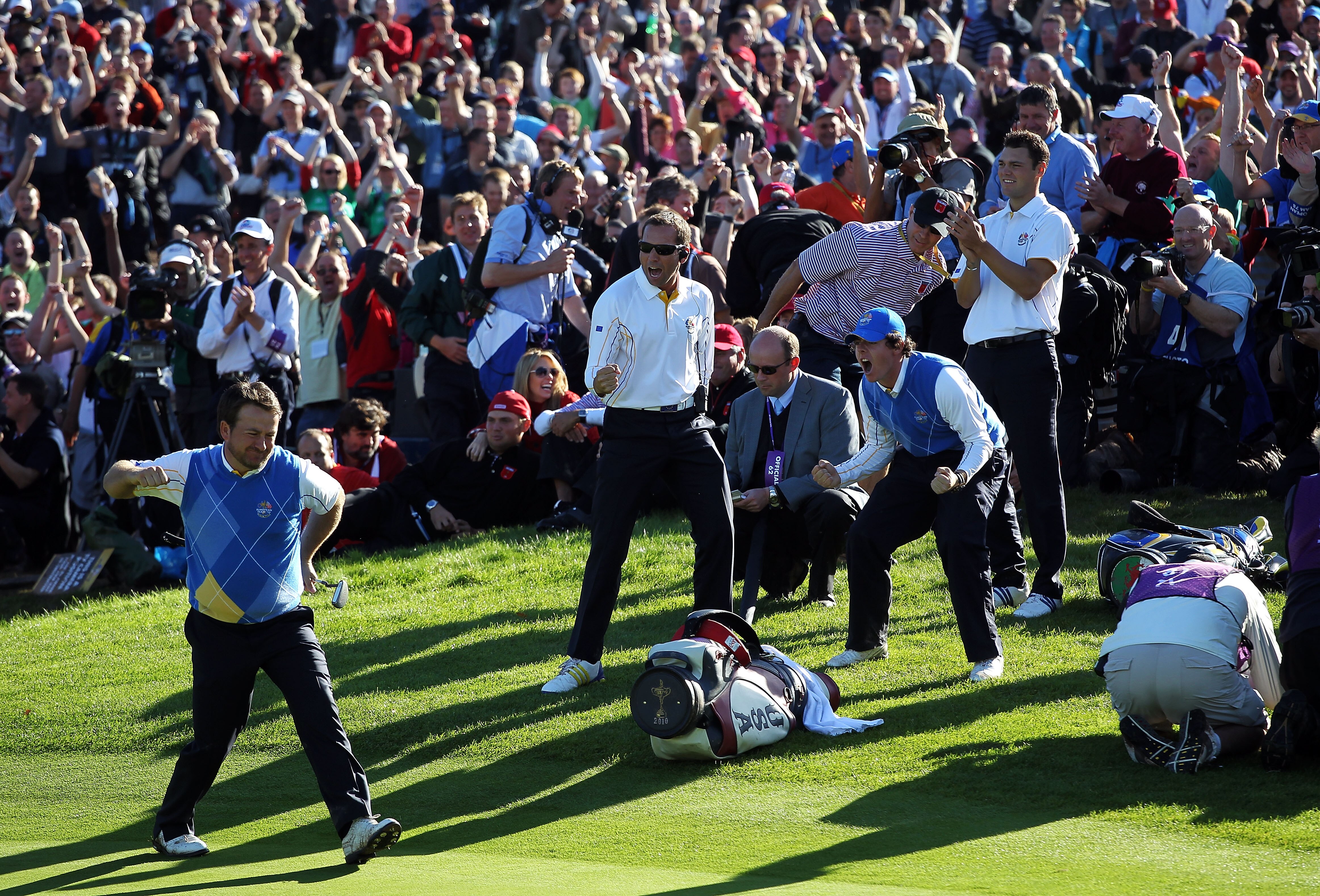 NEWPORT, WALES - OCTOBER 04:  Graeme McDowell of Europe celebrates his birdie putt on the 16th green in the singles matches during the 2010 Ryder Cup at the Celtic Manor Resort on October 4, 2010 in Newport, Wales.  (Photo by Jamie Squire/Getty Images)