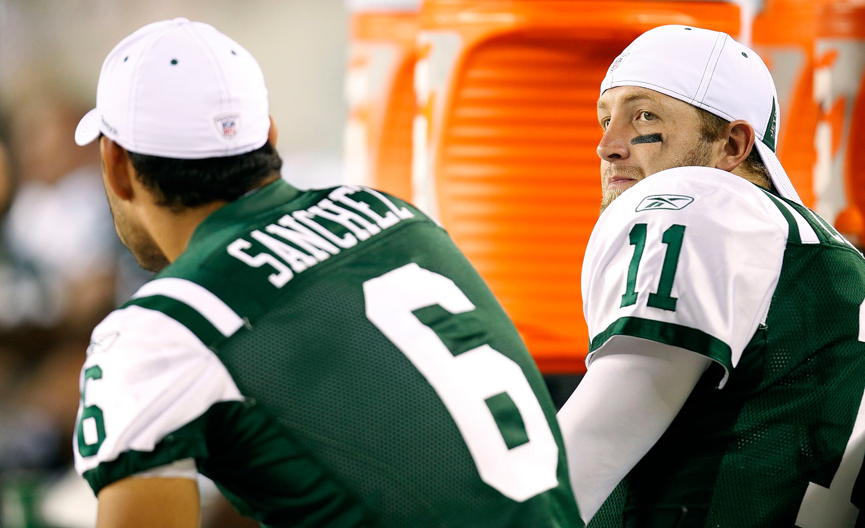 PHILADELPHIA - SEPTEMBER 02: Kellen Clemens #11 sits with Mark Sanchez #6 of the New York Jets during a preseason game against the Philadelphia Eagles at Lincoln Financial Field on September 2, 2010 in Philadelphia, Pennsylvania. (Photo by Jeff Zelevansky