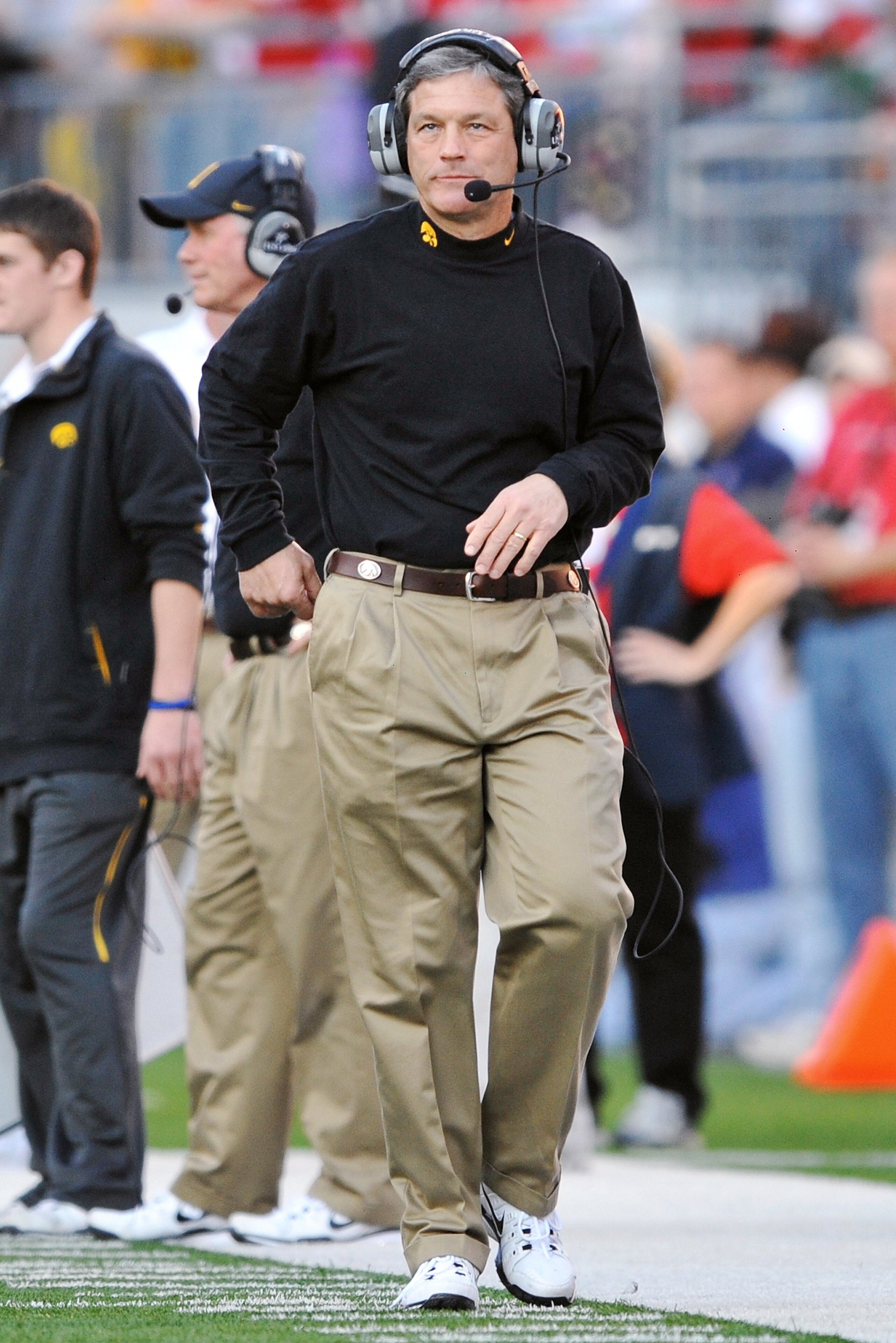 COLUMBUS, OH - NOVEMBER 14:  Head coach Kirk Ferentz of the Iowa Hawkeyes walks the sidelines during a game against the Ohio State Buckeyes at Ohio Stadium on November 14, 2009 in Columbus, Ohio.  (Photo by Jamie Sabau/Getty Images)
