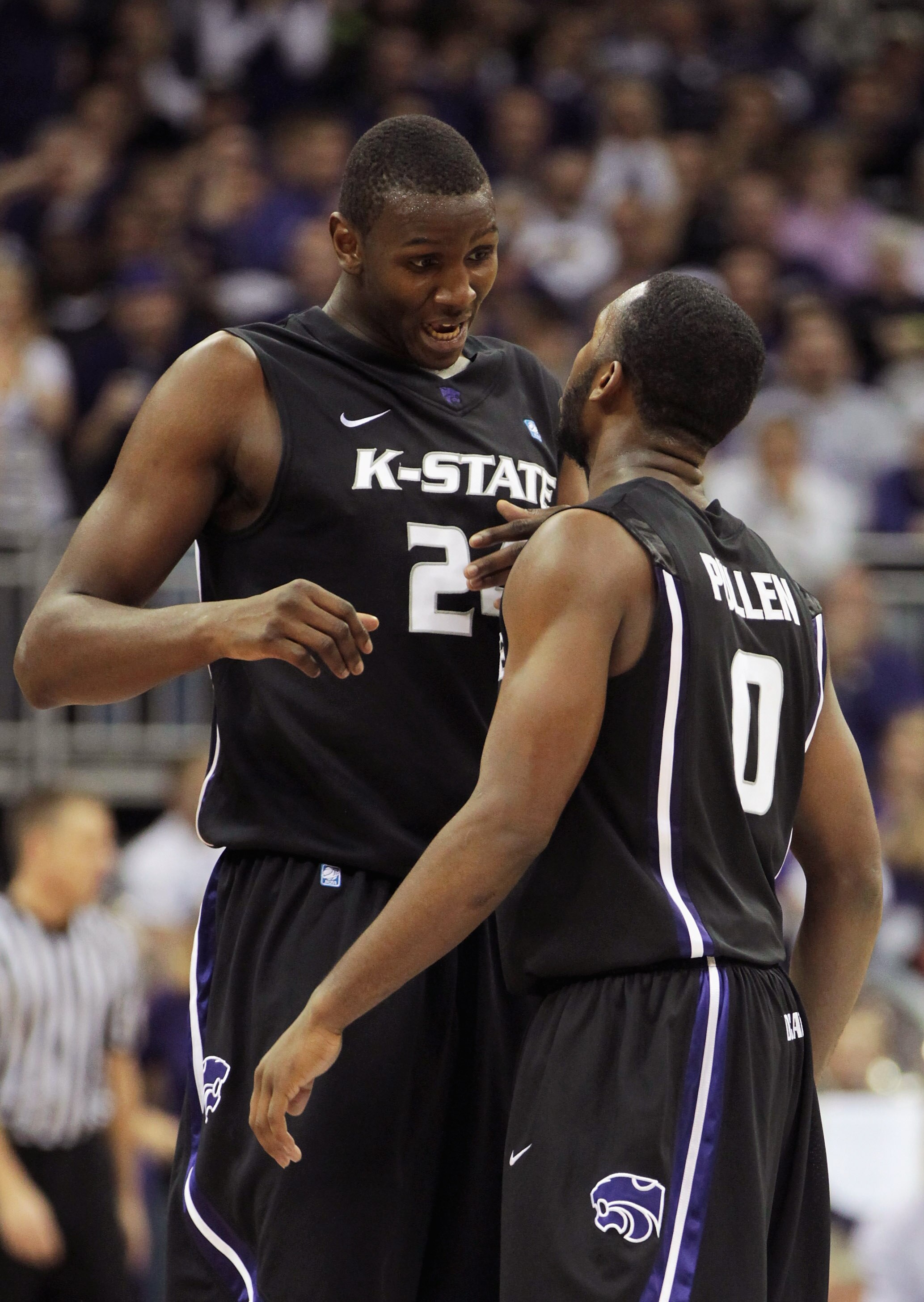 KANSAS CITY, MO - NOVEMBER 22:  Curtis Kelly #24 of the Kansas State Wildcats celebrates after a play with Jacob Pullen #0 during the CBE Classic game against the Gonzaga Bulldogs on November 22, 2010 at the Sprint Center in Kansas City, Missouri.  (Photo