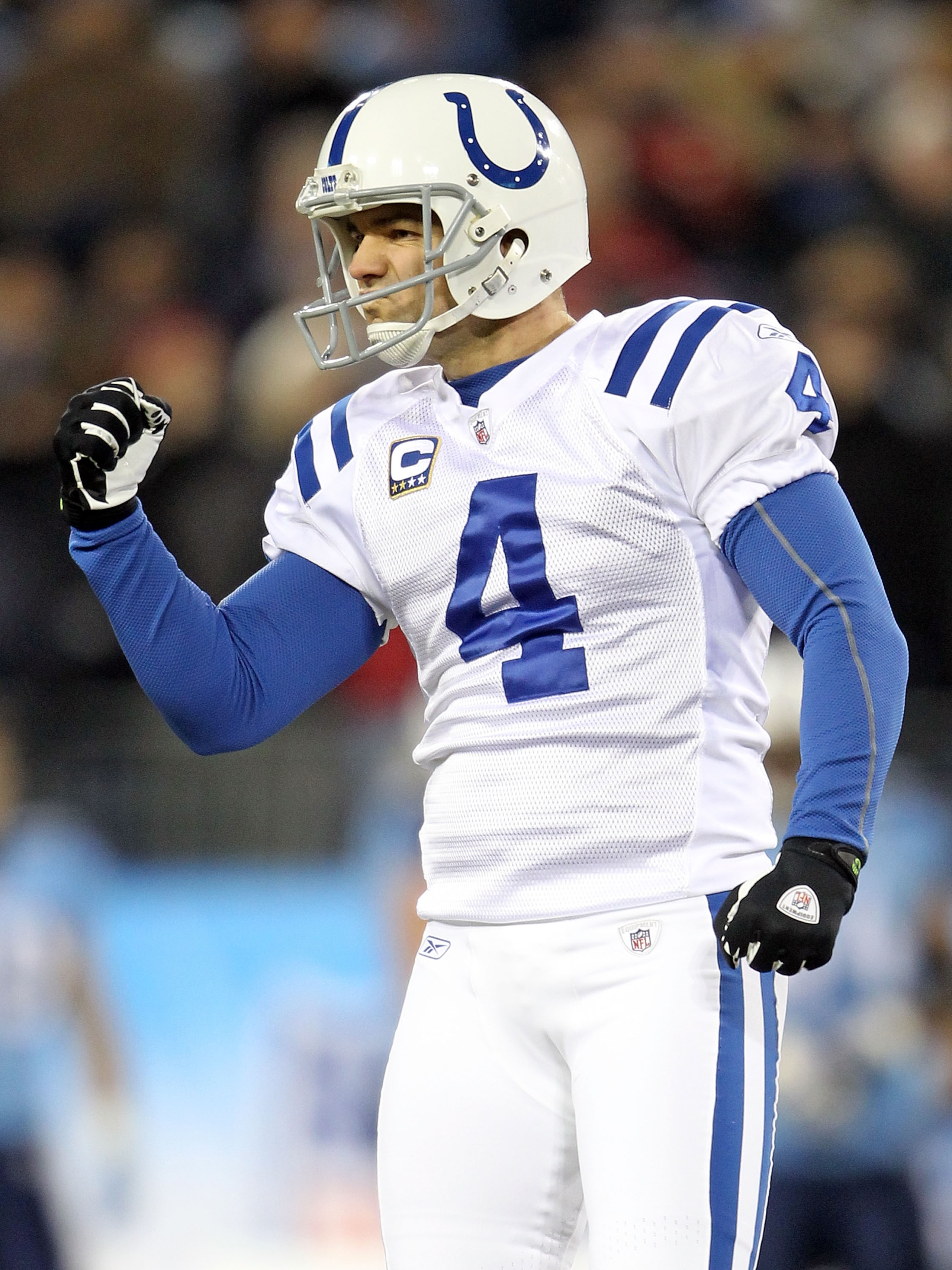 NASHVILLE, TN - DECEMBER 09:  Adam Vinatieri #18 of the Indianapolis Colts celebrates after making a fieldgoal during the fourth quarter of the NFL game against the Tennessee Titans  at LP Field on December 9, 2010 in Nashville, Tennessee.  The Colts won 
