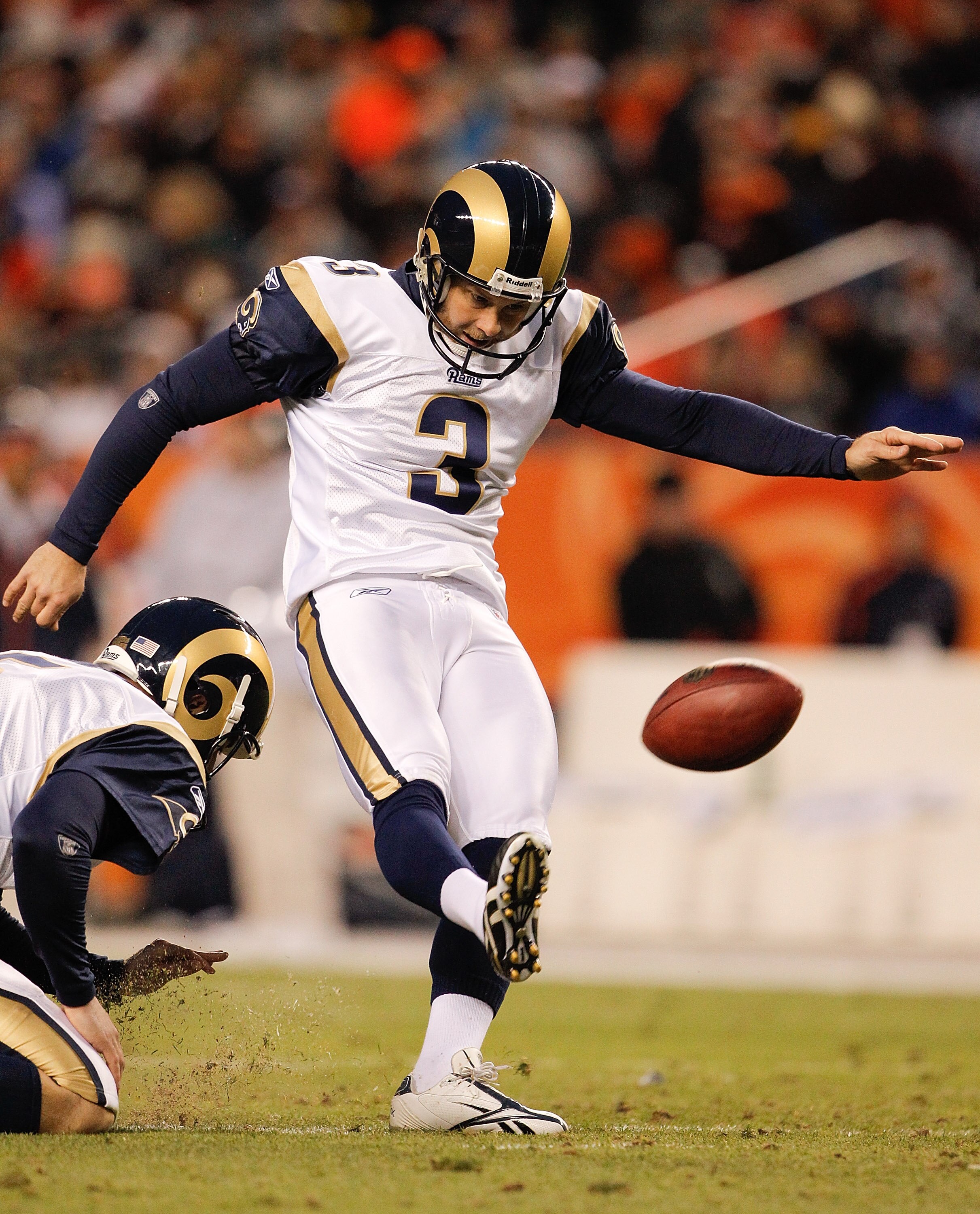 DENVER - NOVEMBER 28:  Place kicker Josh Brown #3 of the St. Louis Rams misses a 45-yard field goal attempt during the third quarter against the Denver Broncos at INVESCO Field at Mile High on November 28, 2010 in Denver, Colorado. The Rams defeated the B