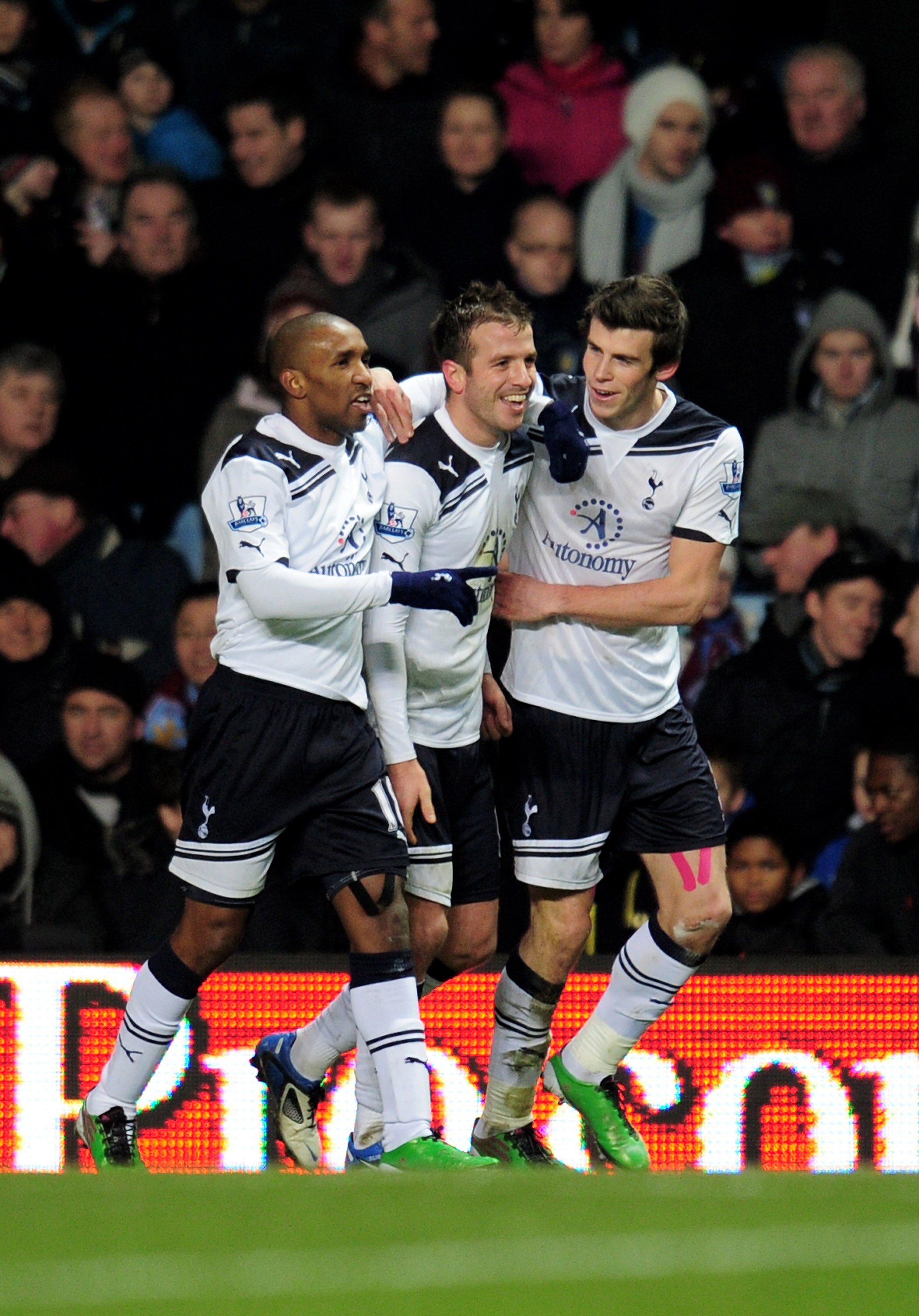 BIRMINGHAM, ENGLAND - DECEMBER 26:  (L-R) Jermaine Defoe, Rafael Van Der Vaart and Gareth Bale of Tottenham celebrate after Van Der Vaart scores the opening goal during the Barclays Premier League match between Aston Villa and Tottenham Hotspur at Villa P
