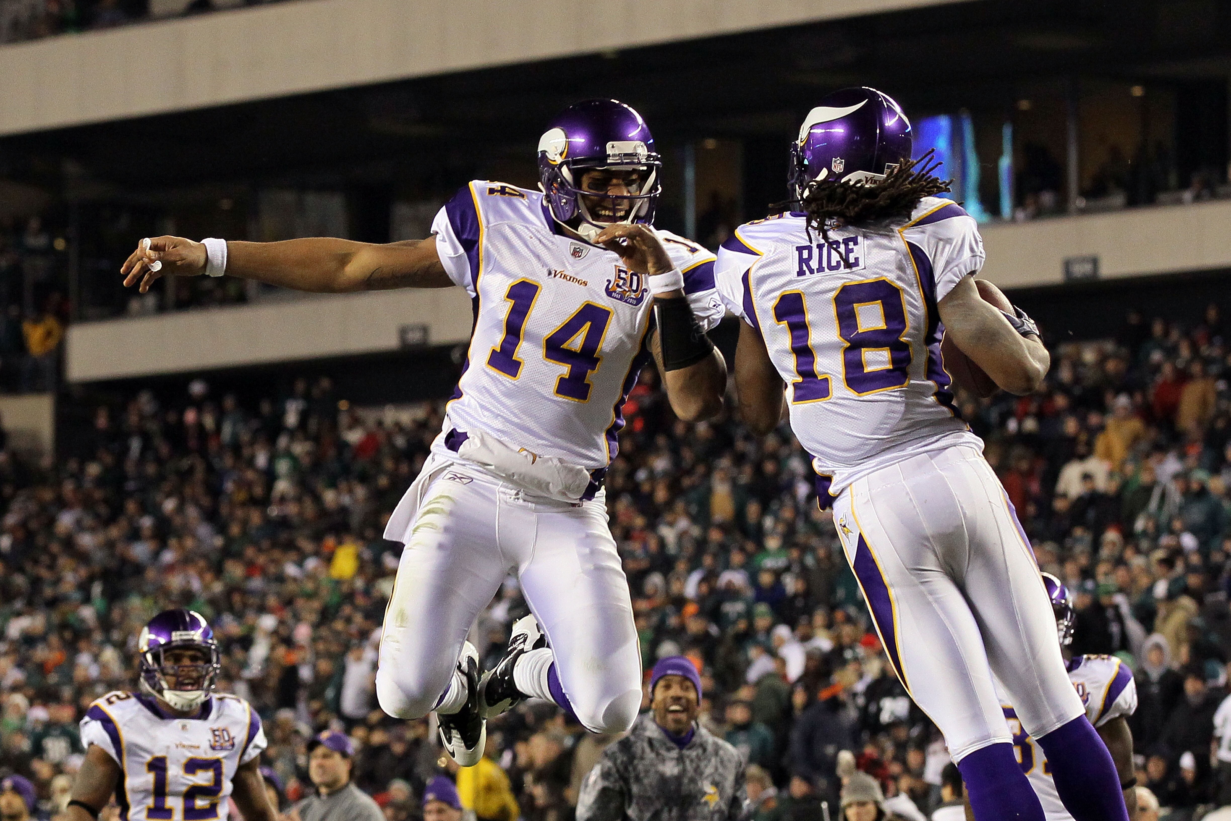 PHILADELPHIA, PA - DECEMBER 26:  Joe Webb #14 and Sidney Rice #18 of the Minnesota Vikings celebrate after a play against the Philadelphia Eagles at Lincoln Financial Field on December 26, 2010 in Philadelphia, Pennsylvania.  (Photo by Jim McIsaac/Getty I