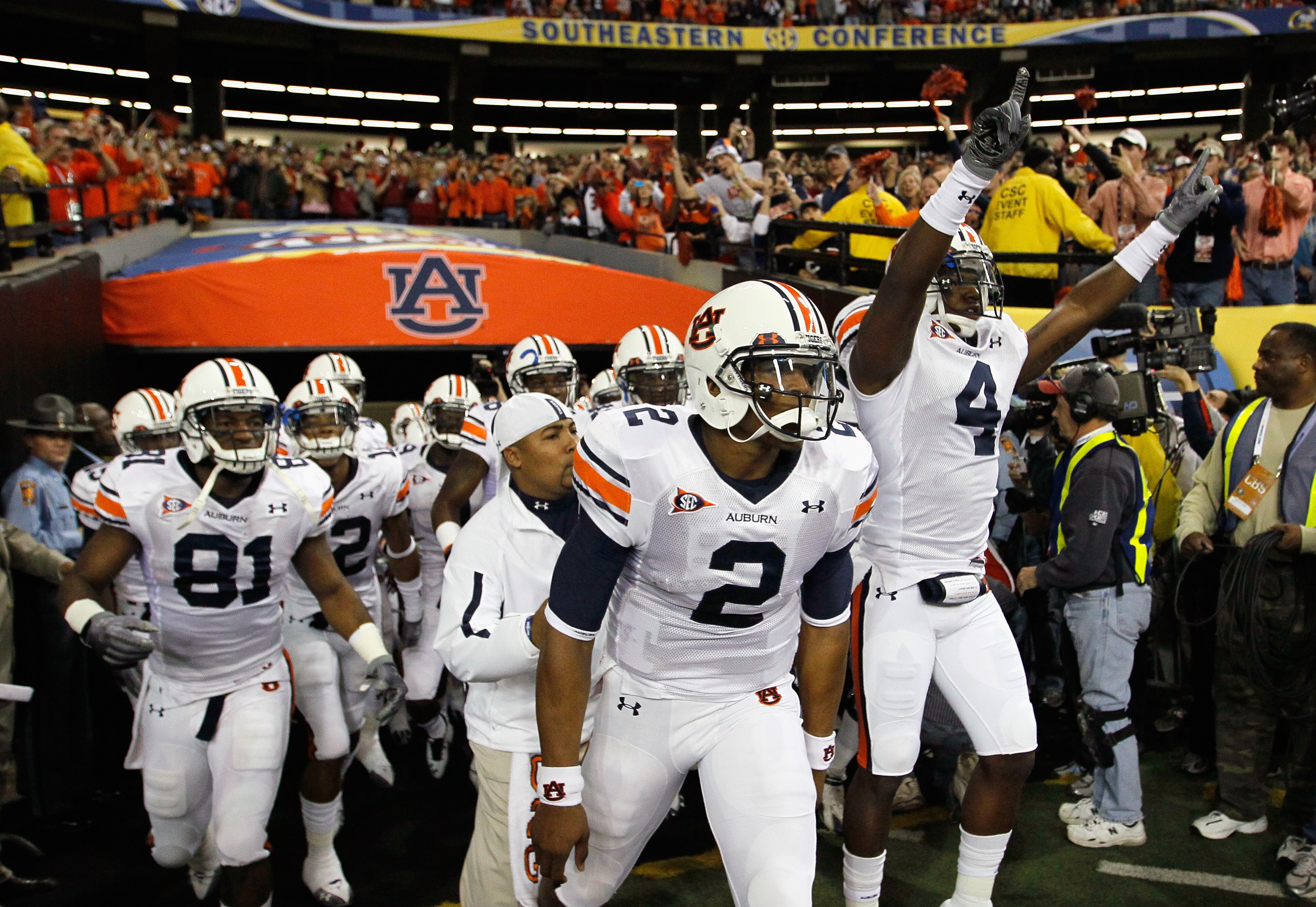 ATLANTA, GA - DECEMBER 04:  Quarterback Cam Newton #2 of the Auburn Tigers leads the team out to face the South Carolina Gamecocks during the 2010 SEC Championship at Georgia Dome on December 4, 2010 in Atlanta, Georgia.  (Photo by Kevin C. Cox/Getty Imag