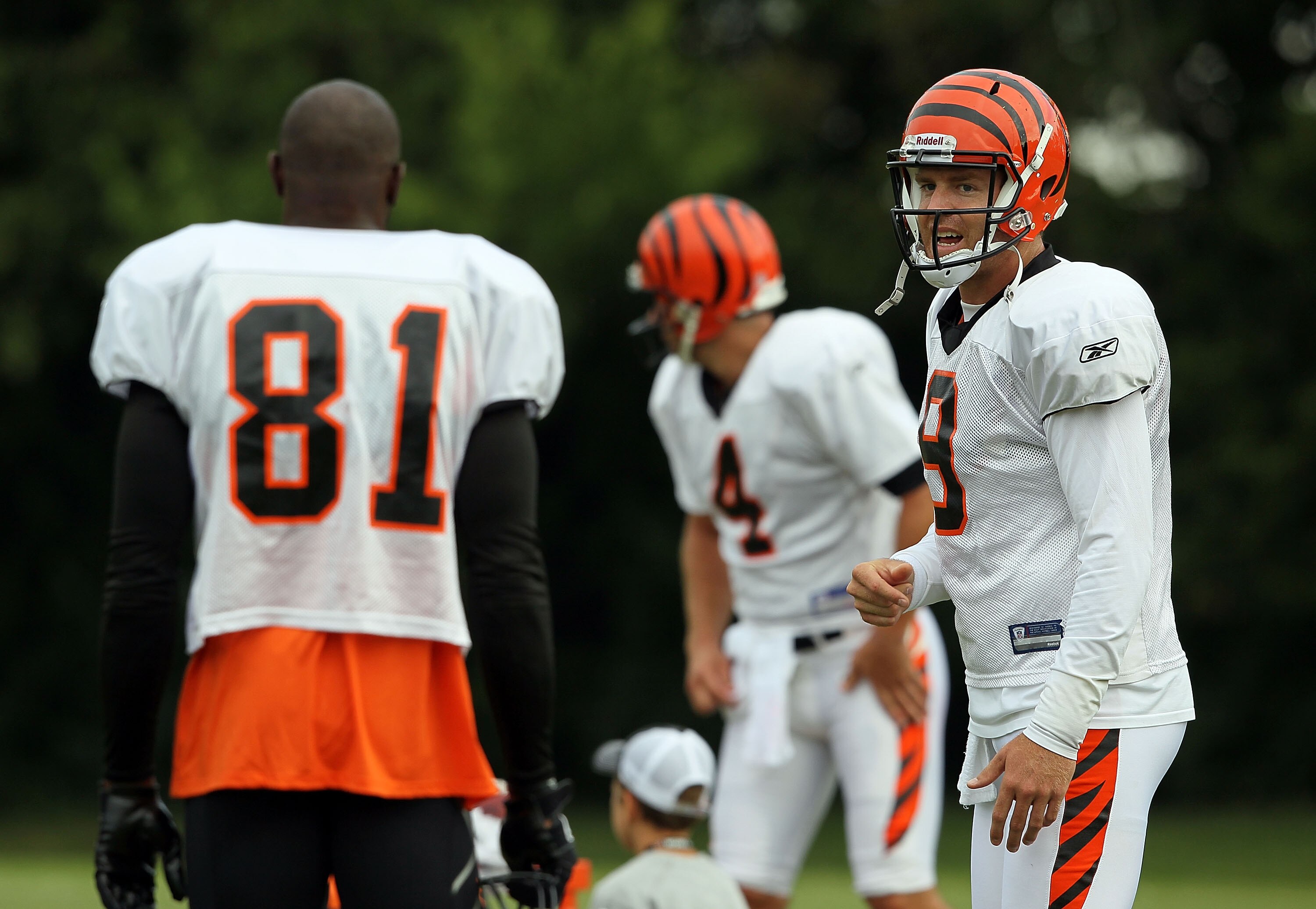 GEORGETOWN, KY - JULY 31:  Carson Palmer #9 (right) of the Cincinnati Bengals talks with Terrell Owens #81 during the Bengals training camp at Georgetown College on July 31, 2010 in Georgetown, Kentucky.  (Photo by Andy Lyons/Getty Images)