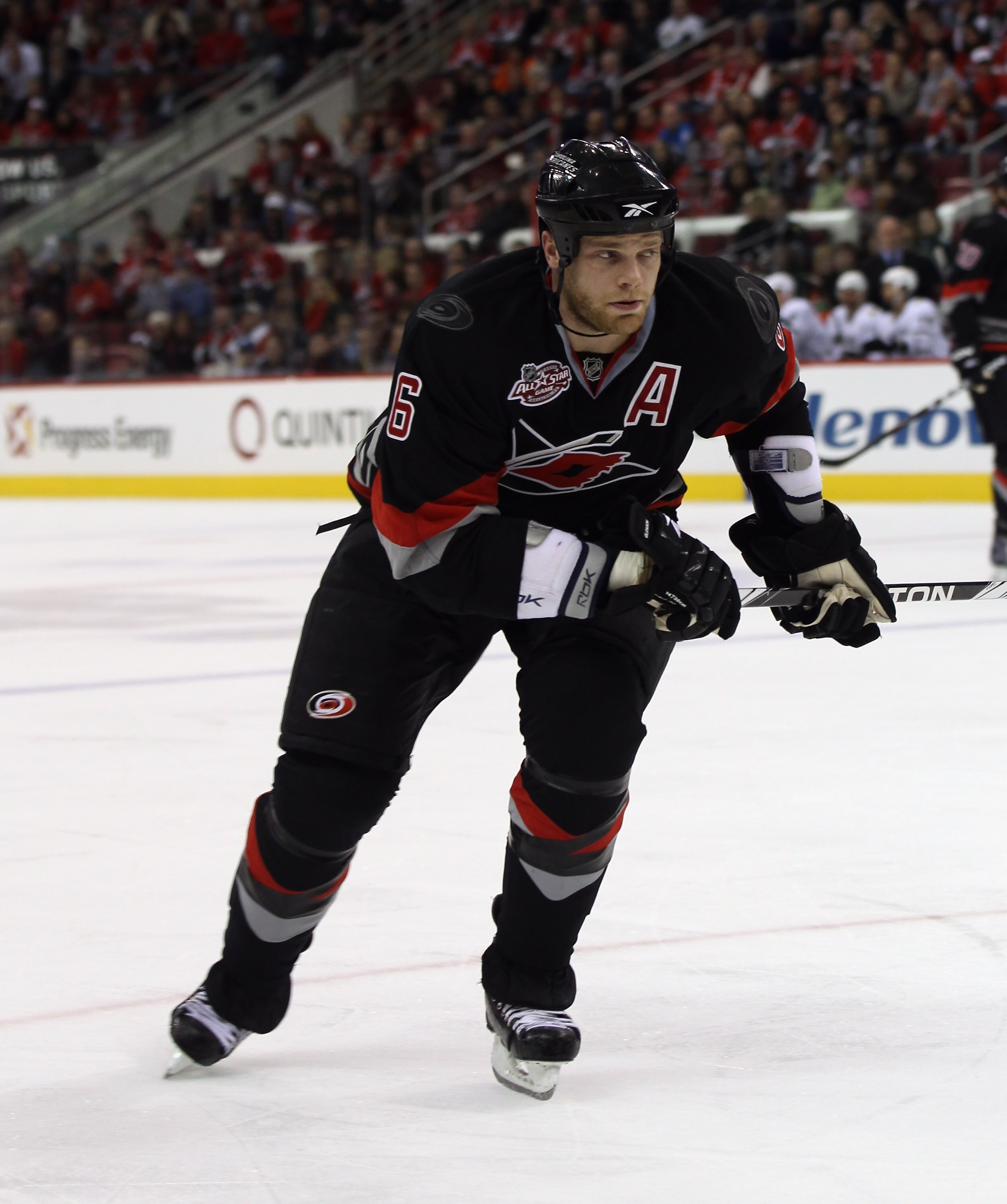 RALEIGH, NC - NOVEMBER 29:  Tim Gleason #6 of the Carolina Hurricanes skates against the Dallas Stars at the RBC Center on November 29, 2010 in Raleigh, North Carolina. The Stars defeated the Hurricanes 4-1.  (Photo by Bruce Bennett/Getty Images)