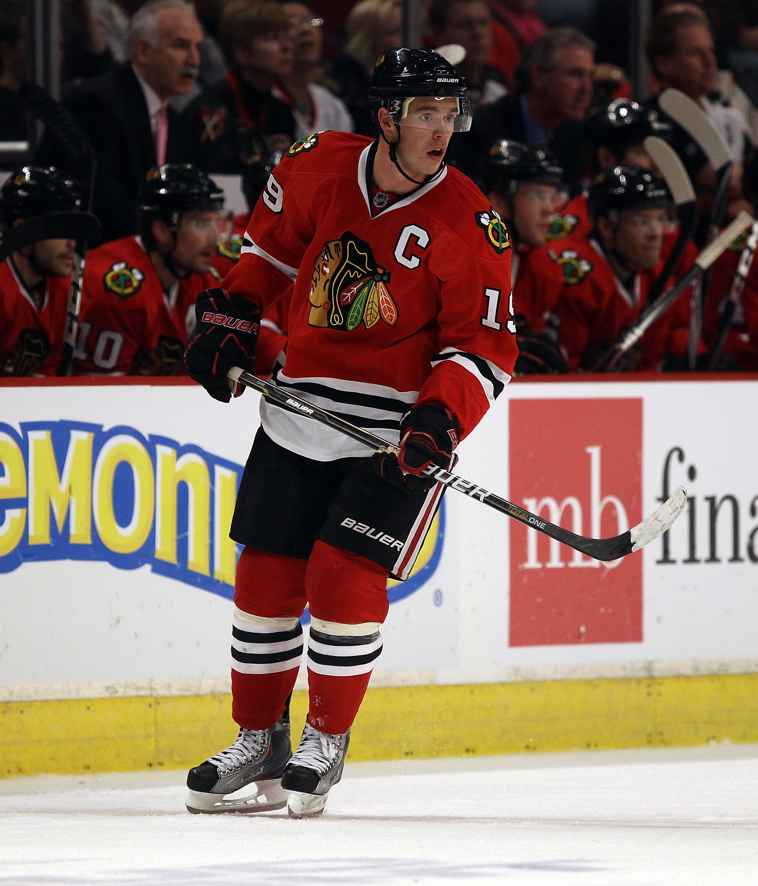 CHICAGO - NOVEMBER 03: Jonathan Toews #19 of the Chicago Blackhawks skates against the New Jersey Devils at the United Center on November 3, 2010 in Chicago, Illinois. The Devils defeated the Blackhawks 5-3. (Photo by Jonathan Daniel/Getty Images)