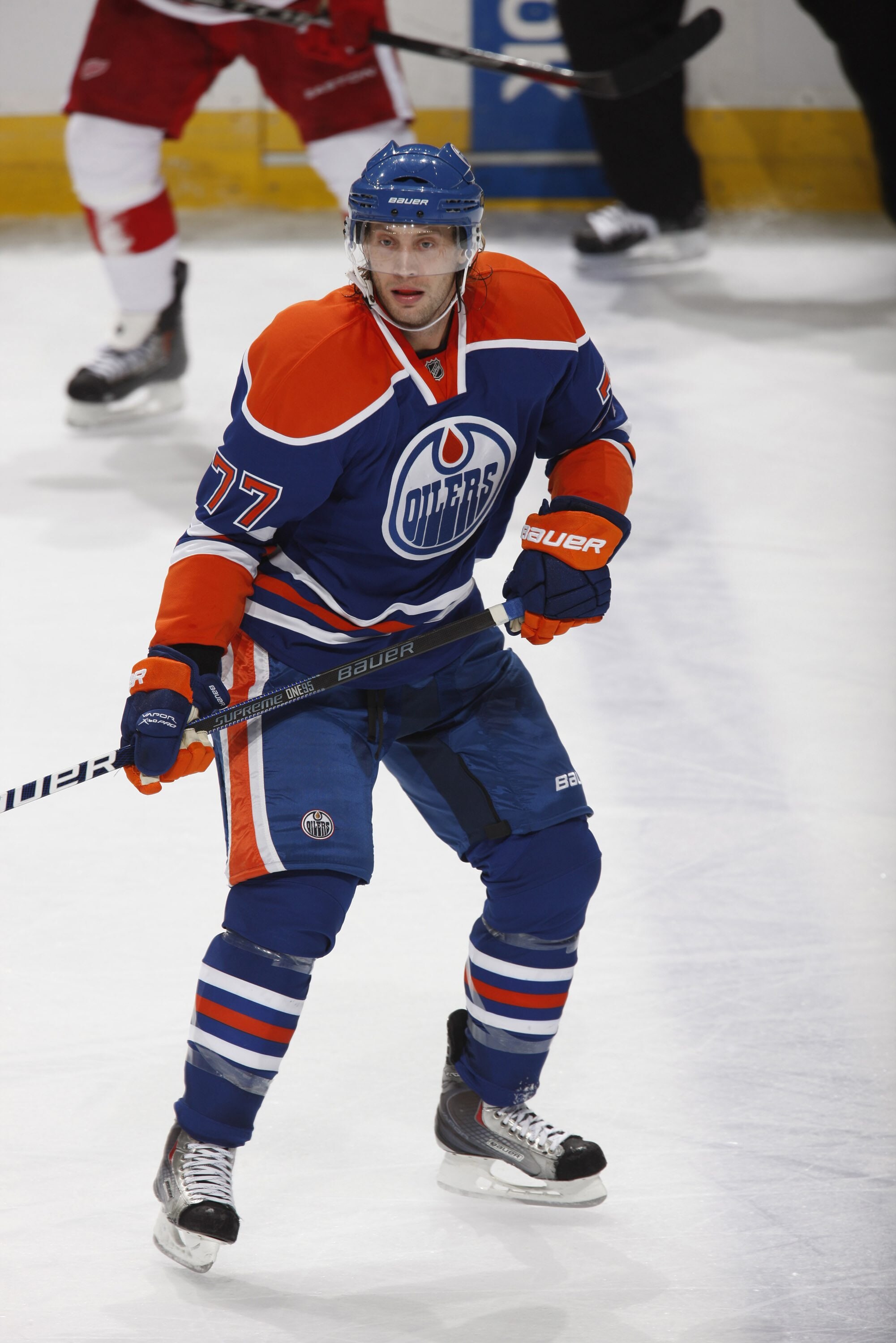 EDMONTON, CANADA - NOVEMBER 5: Tom Gilbert #77 of the Edmonton Oilers skates against the Detroit Red Wings on November 5, 2010 at Rexall Place in Edmonton, Alberta, Canada. (Photo by Dale MacMillan/Getty Images)