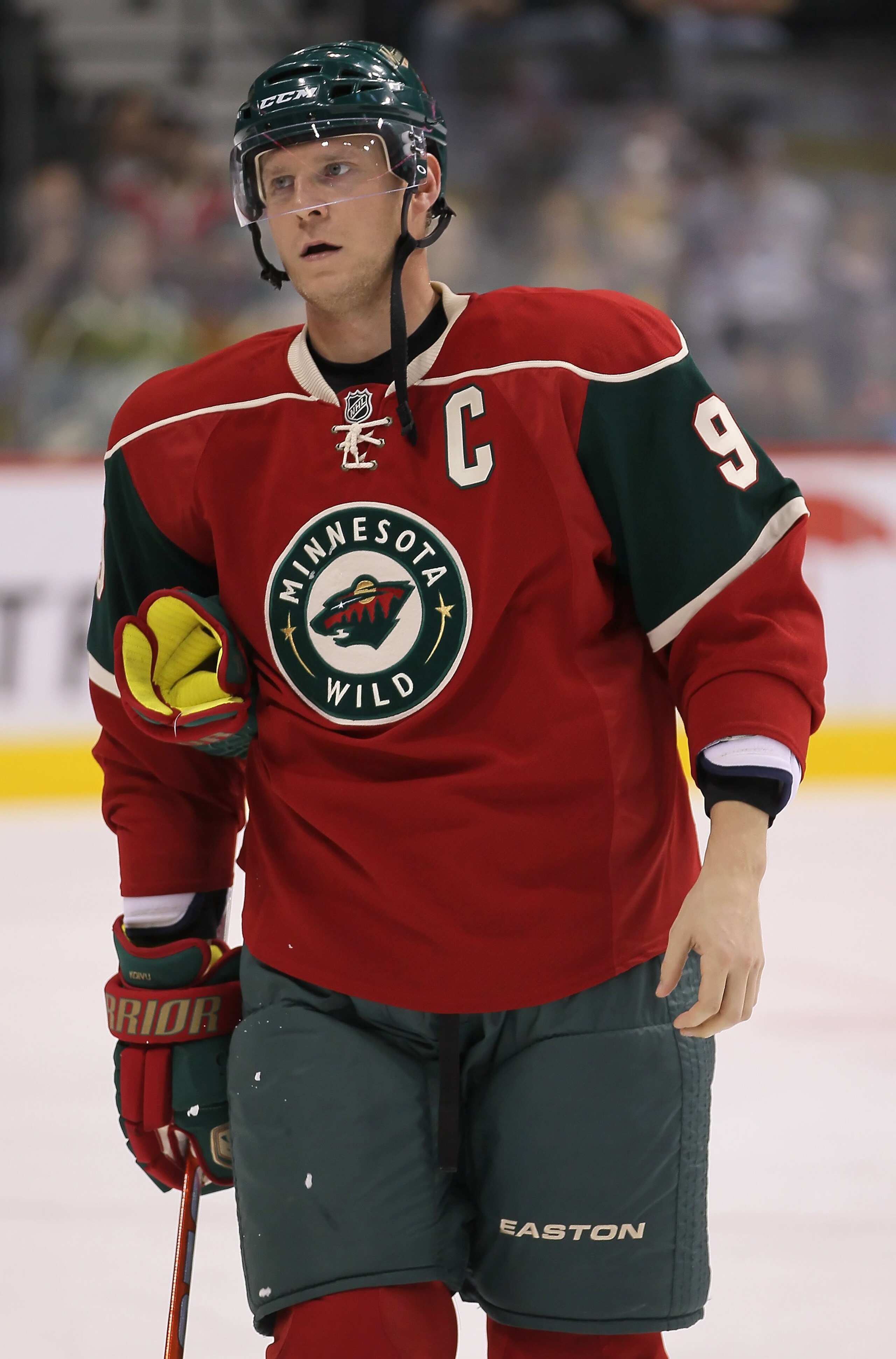 ST PAUL, MN - SEPTEMBER 25:  Mikko Koivu #9 of the Minnesota Wild skates prior to the start of the game against the Philadelphia Flyers at Xcel Energy Center on September 25, 2010 in St Paul, Minnesota.  (Photo by Jeff Gross/Getty Images)