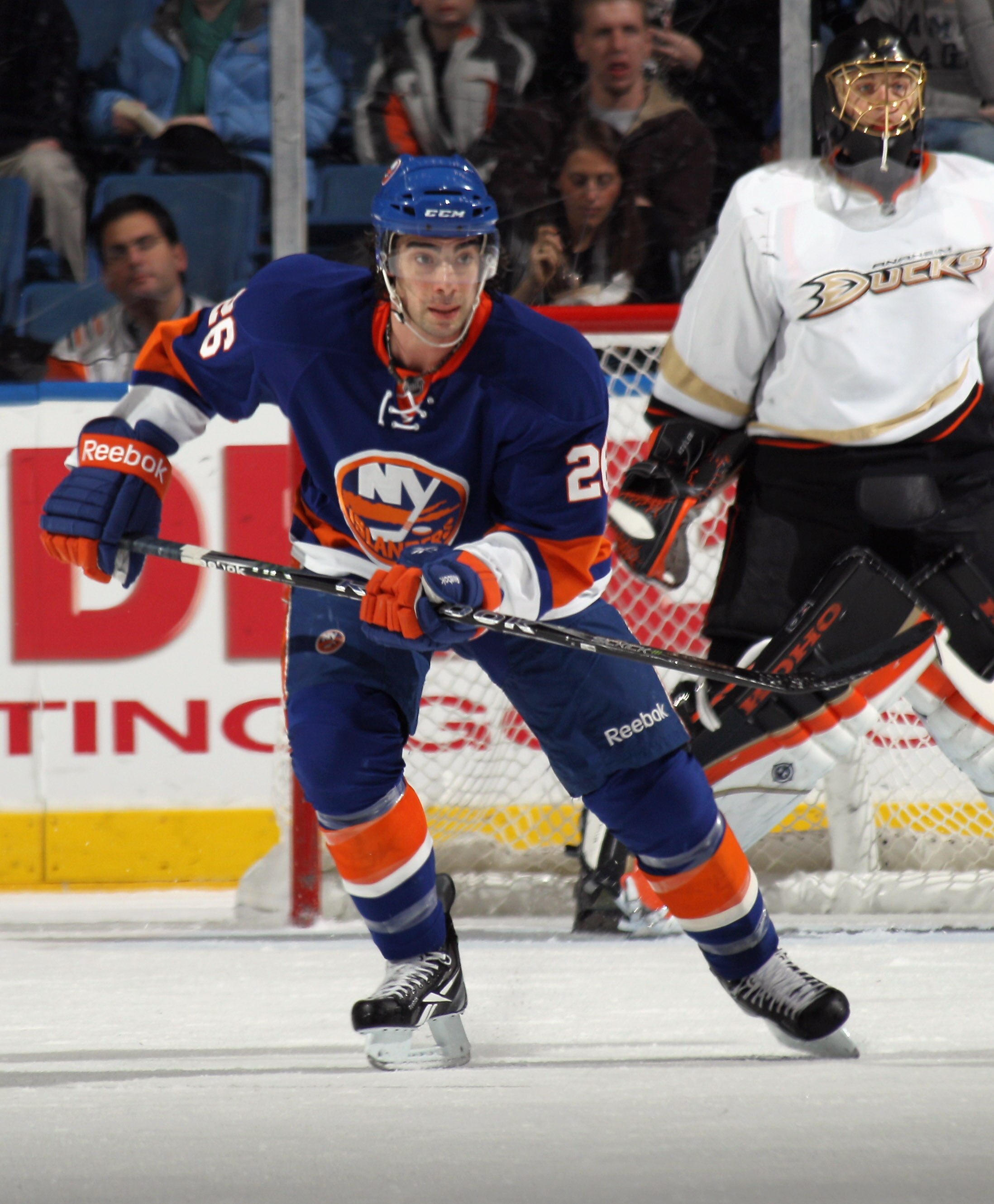 UNIONDALE, NY - DECEMBER 16: Matt Moulson #26 of the New York Islanders skates against the Anaheim Ducks at the Nassau Coliseum on December 16, 2010 in Uniondale, New York.  (Photo by Bruce Bennett/Getty Images)