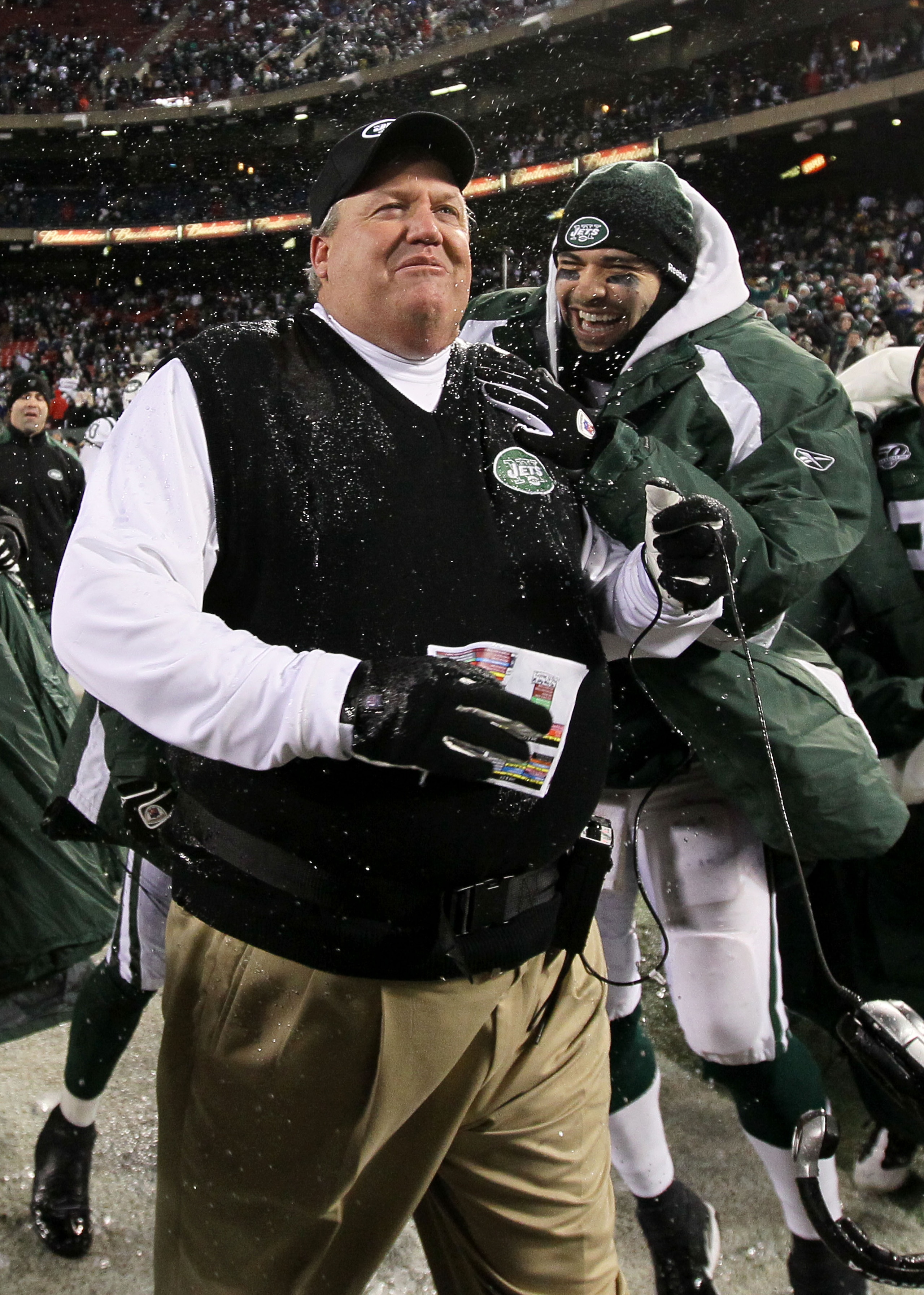 EAST RUTHERFORD, NJ - JANUARY 03:  Quarterback  Mark Sanchez #6 and head coach Rex Ryan  of the New York Jets celebrate their 37-0 victory over the Cincinnati Bengals at Giants Stadium on January 3, 2010 in East Rutherford, New Jersey.  This game was the