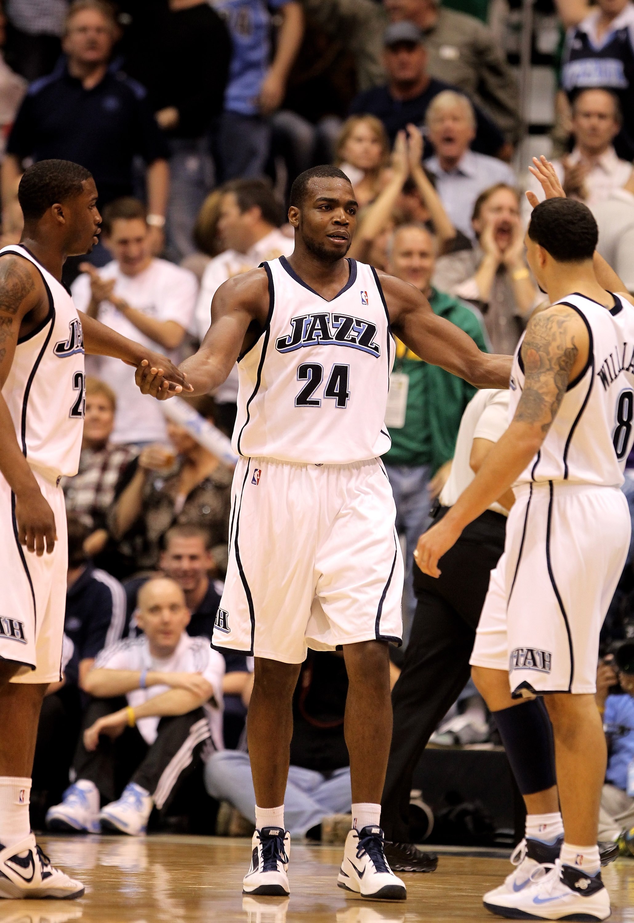 SALT LAKE CITY - APRIL 30:  Paul Millsap #24 of the Utah Jazz in action against the Denver Nuggets in Game Six of the Western Conference Quarterfinals of the 2010 NBA Playoffs at EnergySolutions Arena on April 30, 2010 in Salt Lake City, Utah. NOTE TO USE