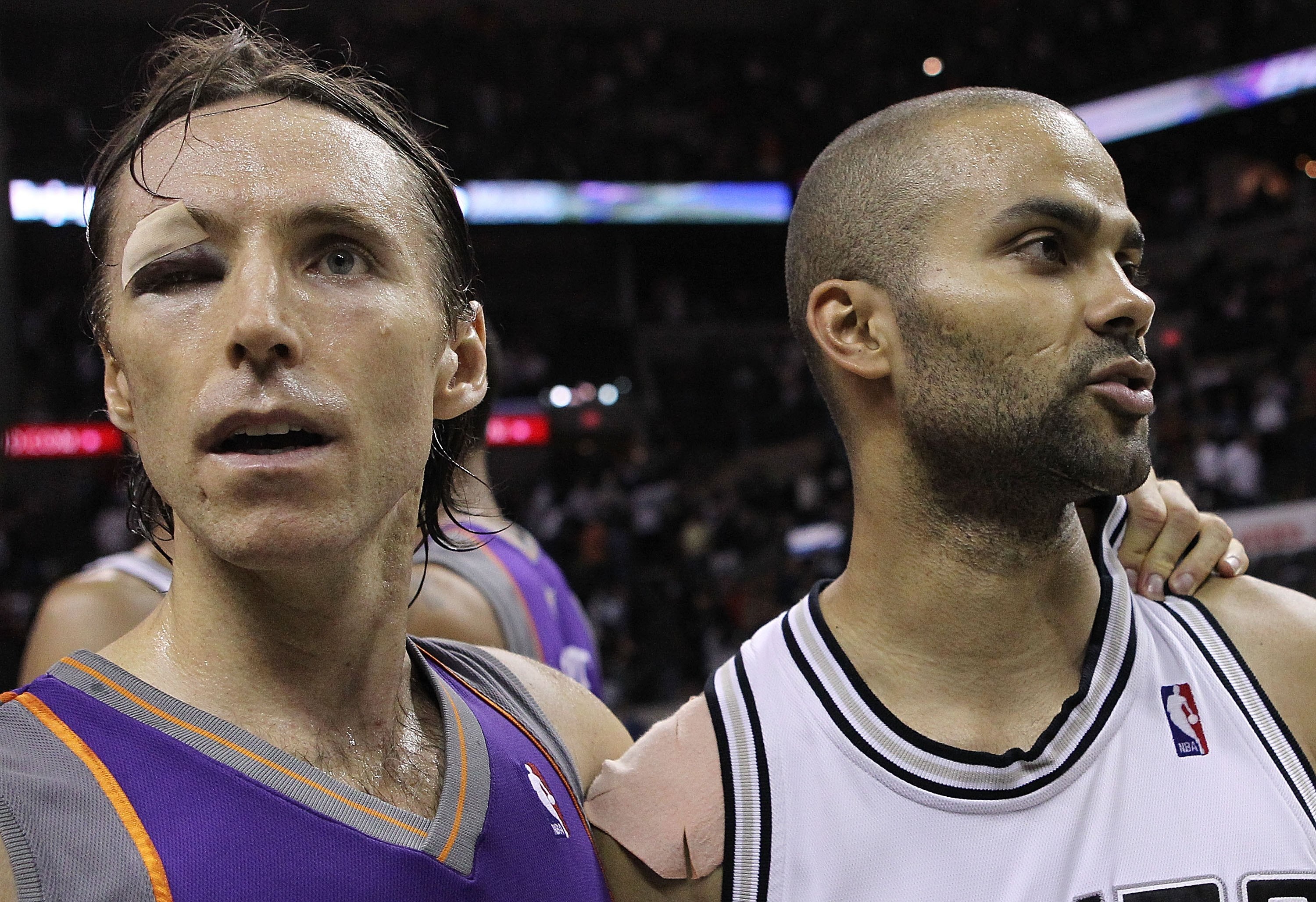 SAN ANTONIO - MAY 09:  Guard Steve Nash #13 of the Phoenix Suns talks with Tony Parker #9 of the San Antonio Spurs in Game Four of the Western Conference Semifinals during the 2010 NBA Playoffs at AT&T Center on May 9, 2010 in San Antonio, Texas.  The Sun