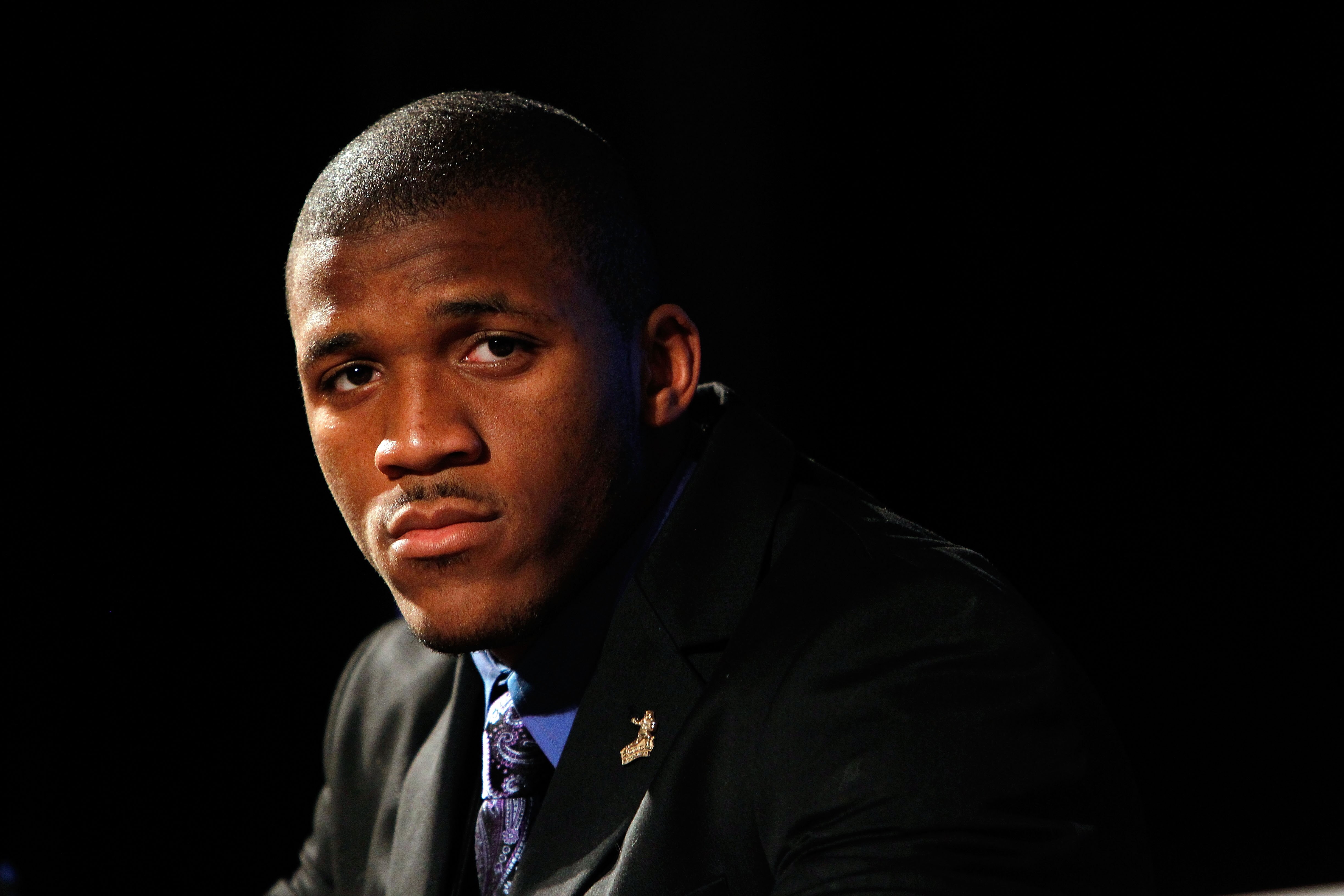 NEW YORK, NY - DECEMBER 11:  LaMichael James of the University of Oregon Ducks looks on during a press conference for Heisman Trophy candidates at The New York Marriott Marquis on December 11, 2010 in New York City.  (Photo by Jeff Zelevansky/Getty Images