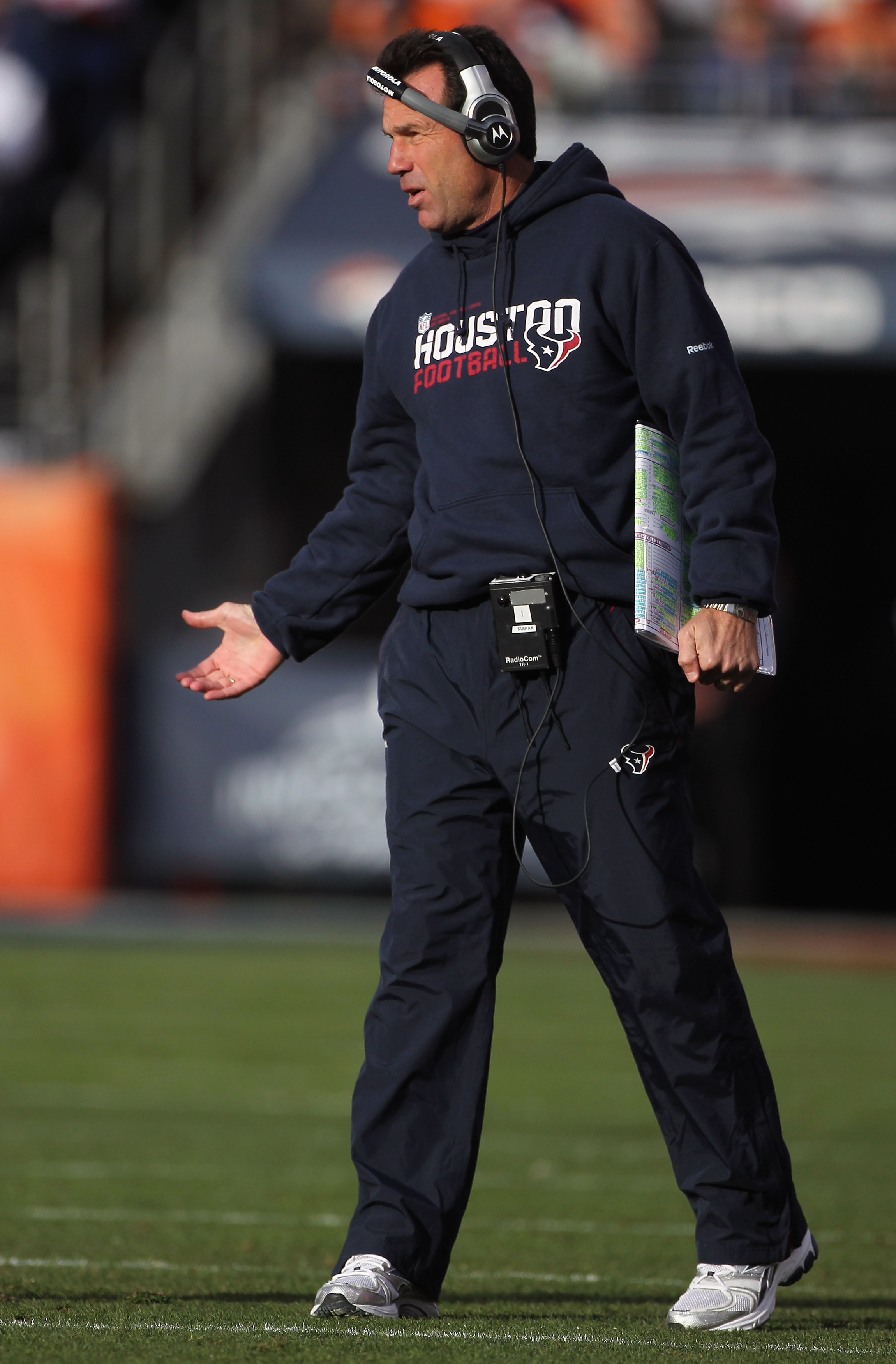 DENVER - DECEMBER 26:  Head coach Gary Kubiak of the Houston Texas looks on as he faces the Denver Broncos at INVESCO Field at Mile High on December 26, 2010 in Denver, Colorado. The Broncos defeated the Texans 24-23.  (Photo by Doug Pensinger/Getty Image