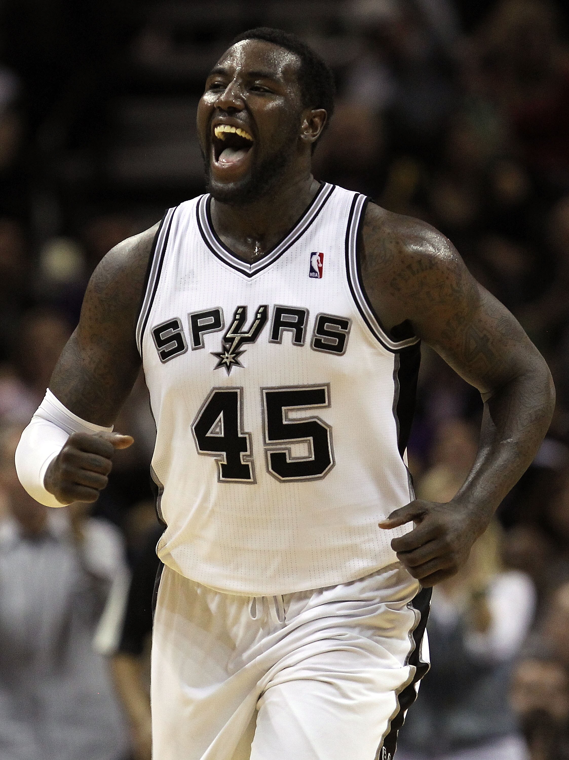 SAN ANTONIO, TX - DECEMBER 28:  Forward DeJuan Blair #45 of the San Antonio Spurs reacts during play against the Los Angeles Lakers at AT&T Center on December 28, 2010 in San Antonio, Texas.  NOTE TO USER: User expressly acknowledges and agrees that, by d
