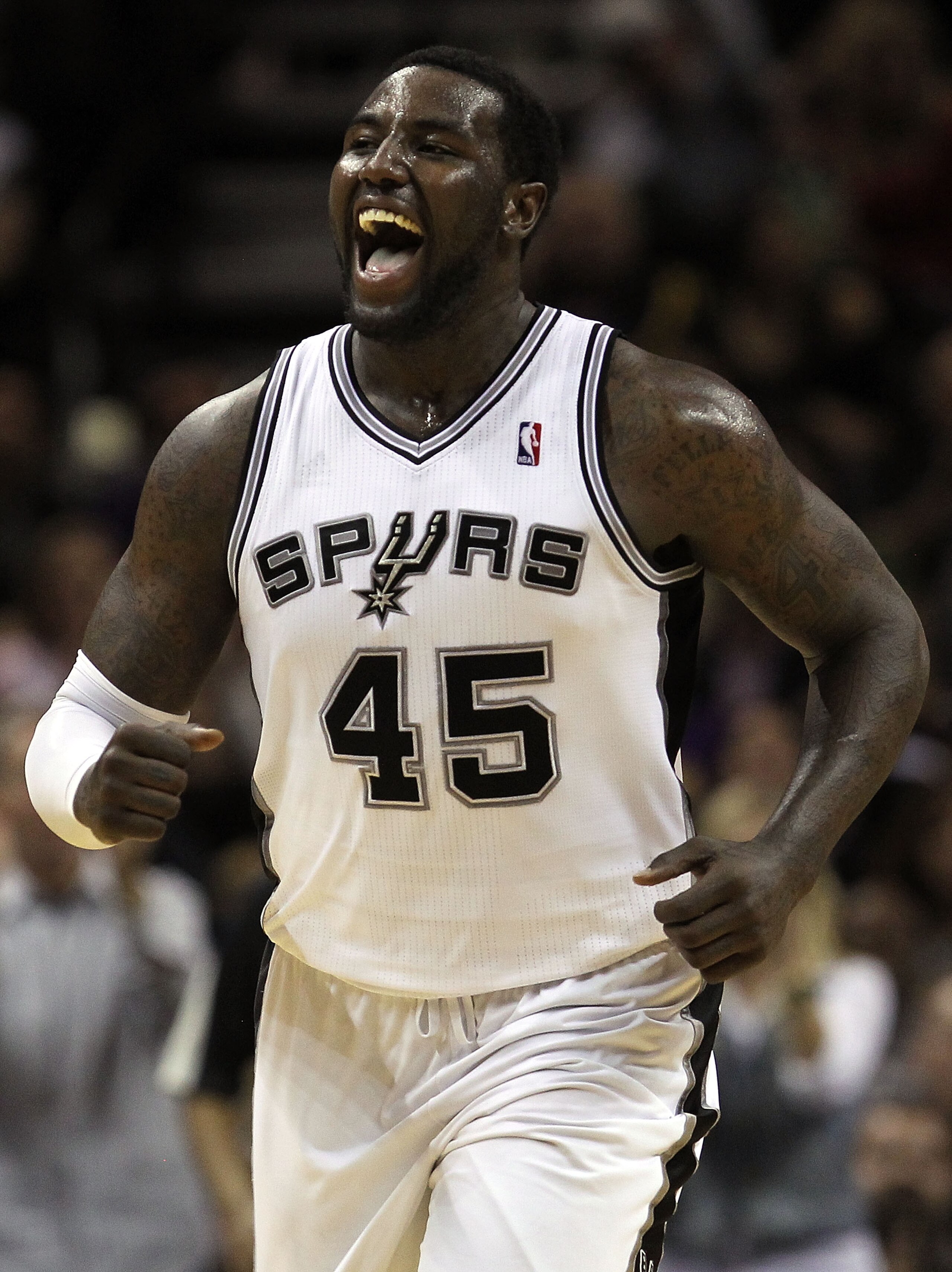 SAN ANTONIO, TX - DECEMBER 28:  Forward DeJuan Blair #45 of the San Antonio Spurs reacts during play against the Los Angeles Lakers at AT&T Center on December 28, 2010 in San Antonio, Texas.  NOTE TO USER: User expressly acknowledges and agrees that, by d