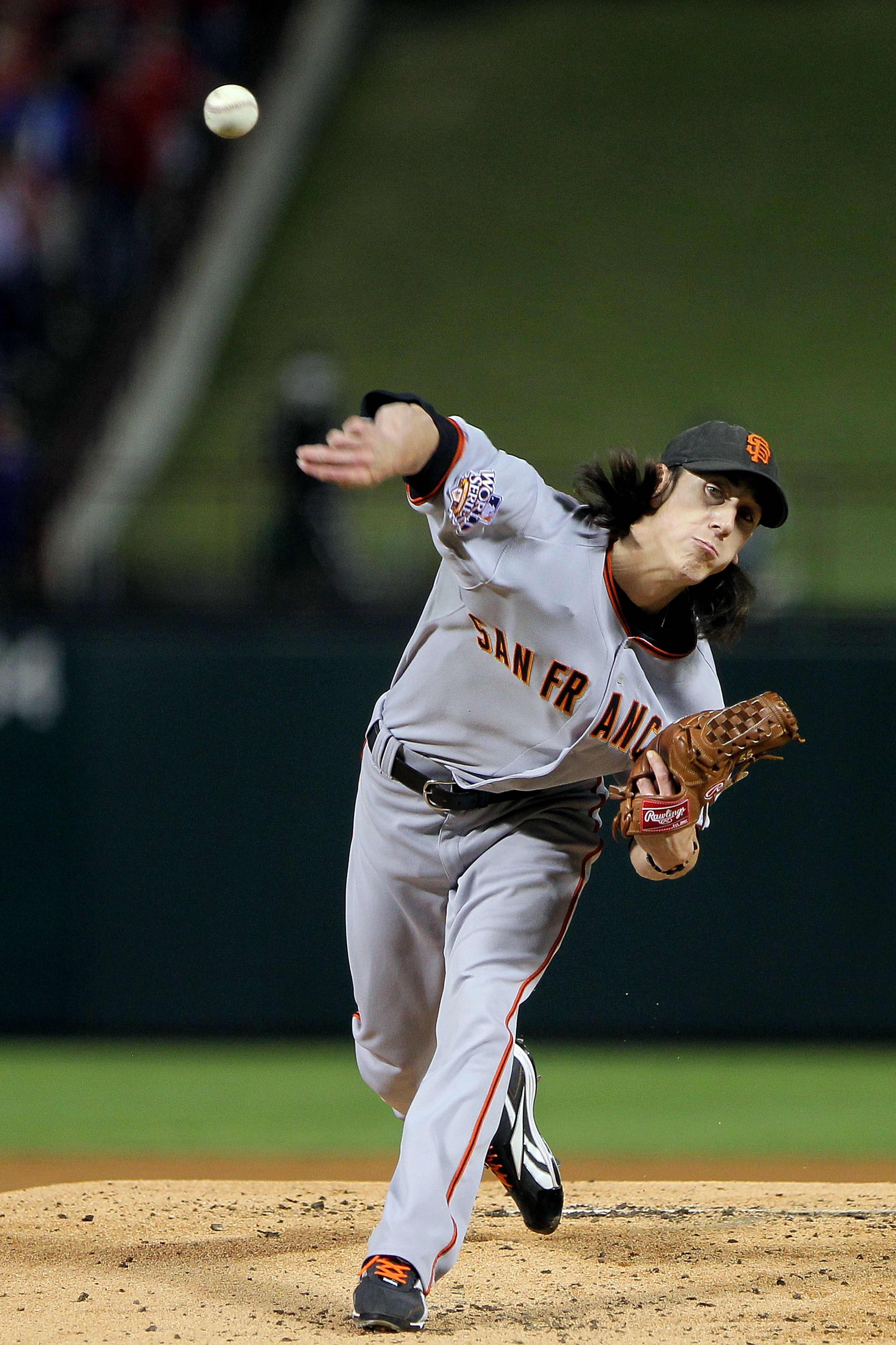 ARLINGTON, TX - NOVEMBER 01: Starting pitcher Tim Lincecum #55 of the San Francisco Giants pitches against the Texas Rangers in Game Five of the 2010 MLB World Series at Rangers Ballpark in Arlington on November 1, 2010 in Arlington, Texas. (Photo by Do ARLINGTON, TX - NOVEMBER 01: Starting pitcher Tim Lincecum #55 of the San Francisco Giants pitches against the Texas Rangers in Game Five of the 2010 MLB World Series at Rangers Ballpark in Arlington on November 1, 2010 in Arlington, Texas. (Photo by Do
