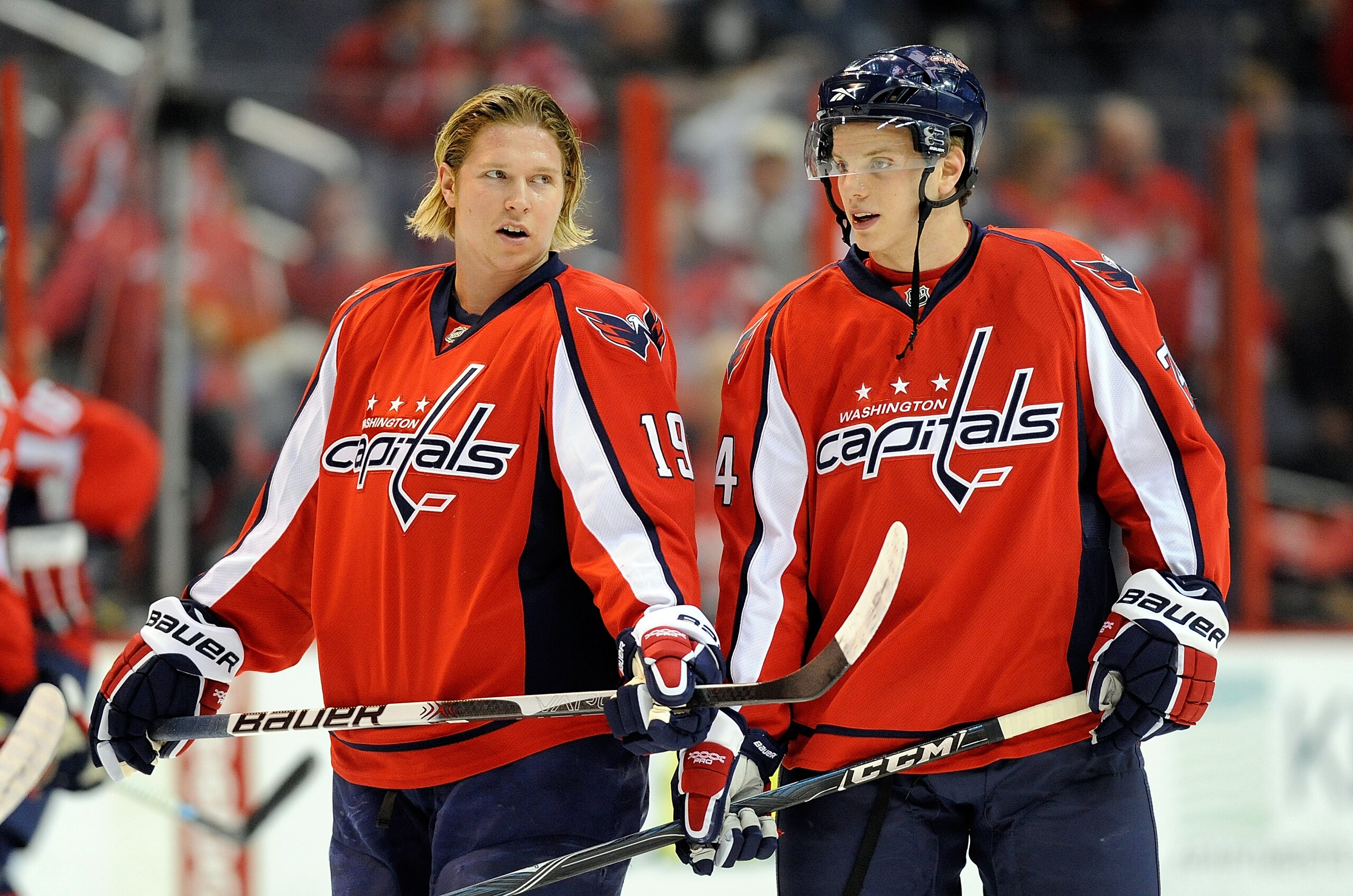 WASHINGTON - MARCH 30:  Nicklas Backstrom #19 and John Carlson #74 of the Washington Capitals talk before the game against the Ottawa Senators at the Verizon Center on March 30, 2010 in Washington, DC.  (Photo by Greg Fiume/Getty Images)