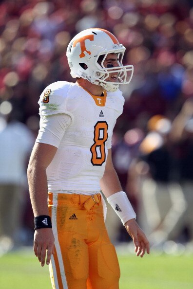 COLUMBIA, SC - OCTOBER 30:  Tyler Bray #8 of the Tennessee Volunteers against the South Carolina Gamecocks during their game at Williams-Brice Stadium on October 30, 2010 in Columbia, South Carolina.  (Photo by Streeter Lecka/Getty Images)