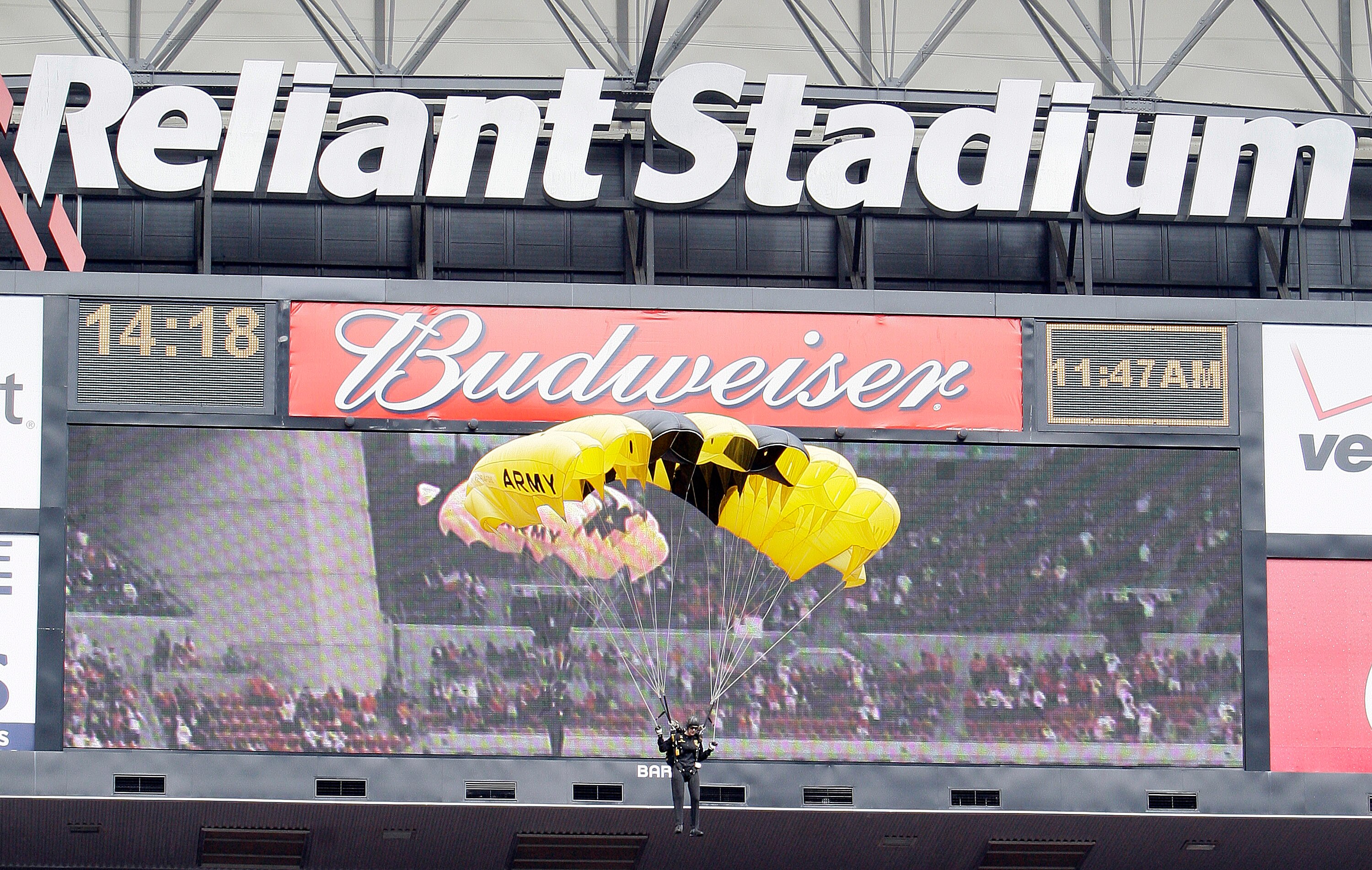 HOUSTON - OCTOBER 17:  U.S.Army Golden Knights parachute onto the field before the Kansas City Chiefs play the Houston Texans on military appreciation day at Reliant Stadium on October 17, 2010 in Houston, Texas.  (Photo by Bob Levey/Getty Images)